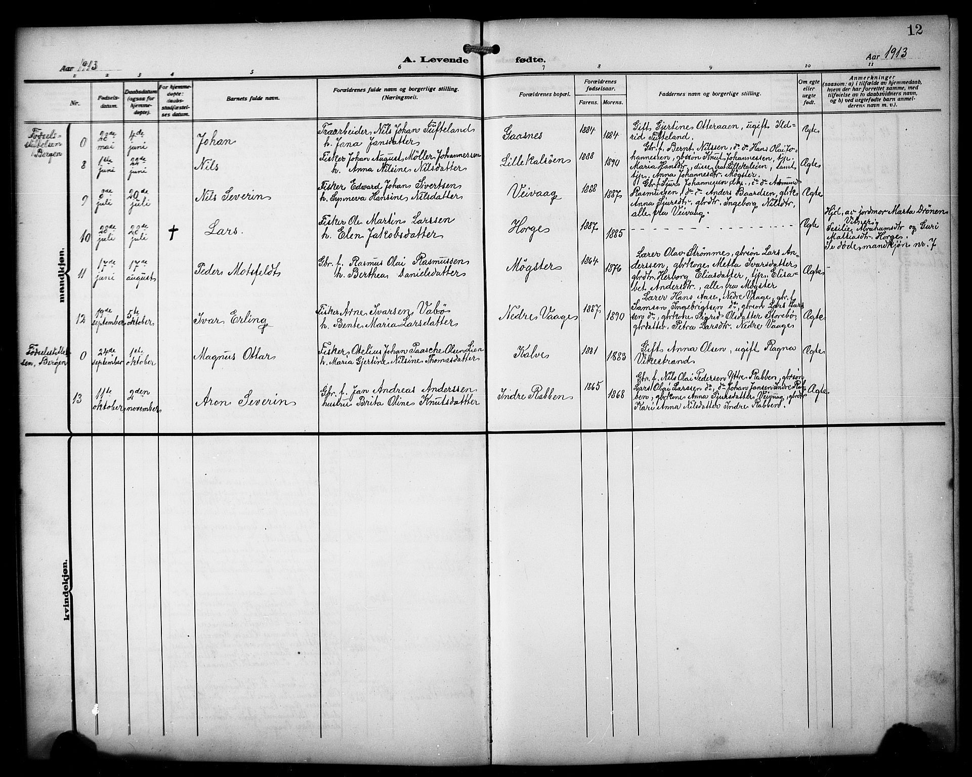 Austevoll sokneprestembete, AV/SAB-A-74201/H/Ha/Hab/Habb/L0006: Parish register (copy) no. B 6, 1911-1925, p. 12