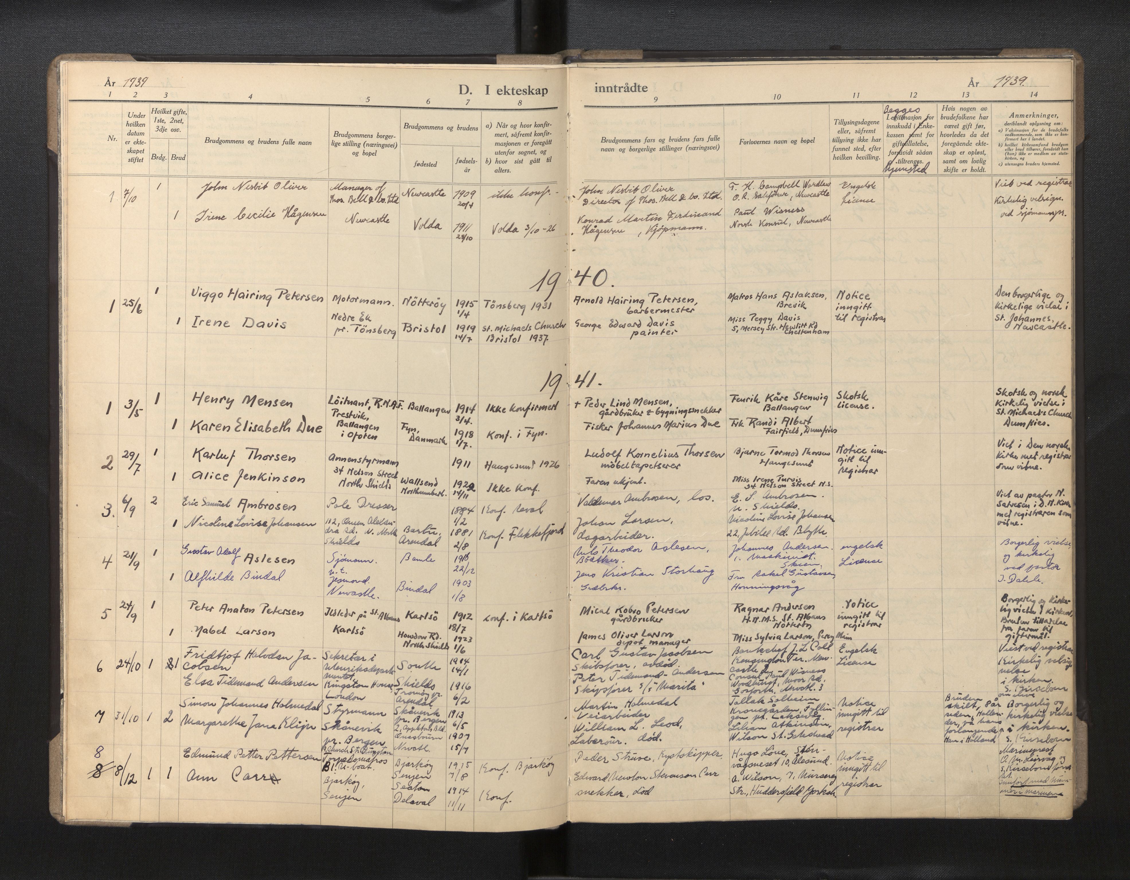 Den norske sjømannsmisjon i utlandet/Tyne-havnene (North Shields og New Castle), SAB/SAB/PA-0101/H/Ha/L0004: Parish register (official) no. A 4, 1939-1963