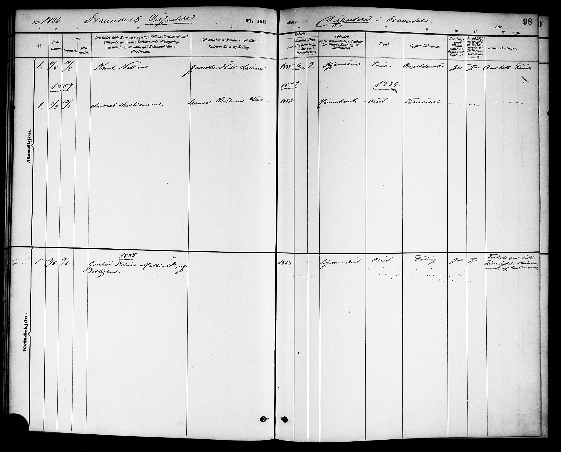Drangedal kirkebøker, SAKO/A-258/F/Fa/L0011: Parish register (official) no. 11 /1, 1885-1894, p. 98