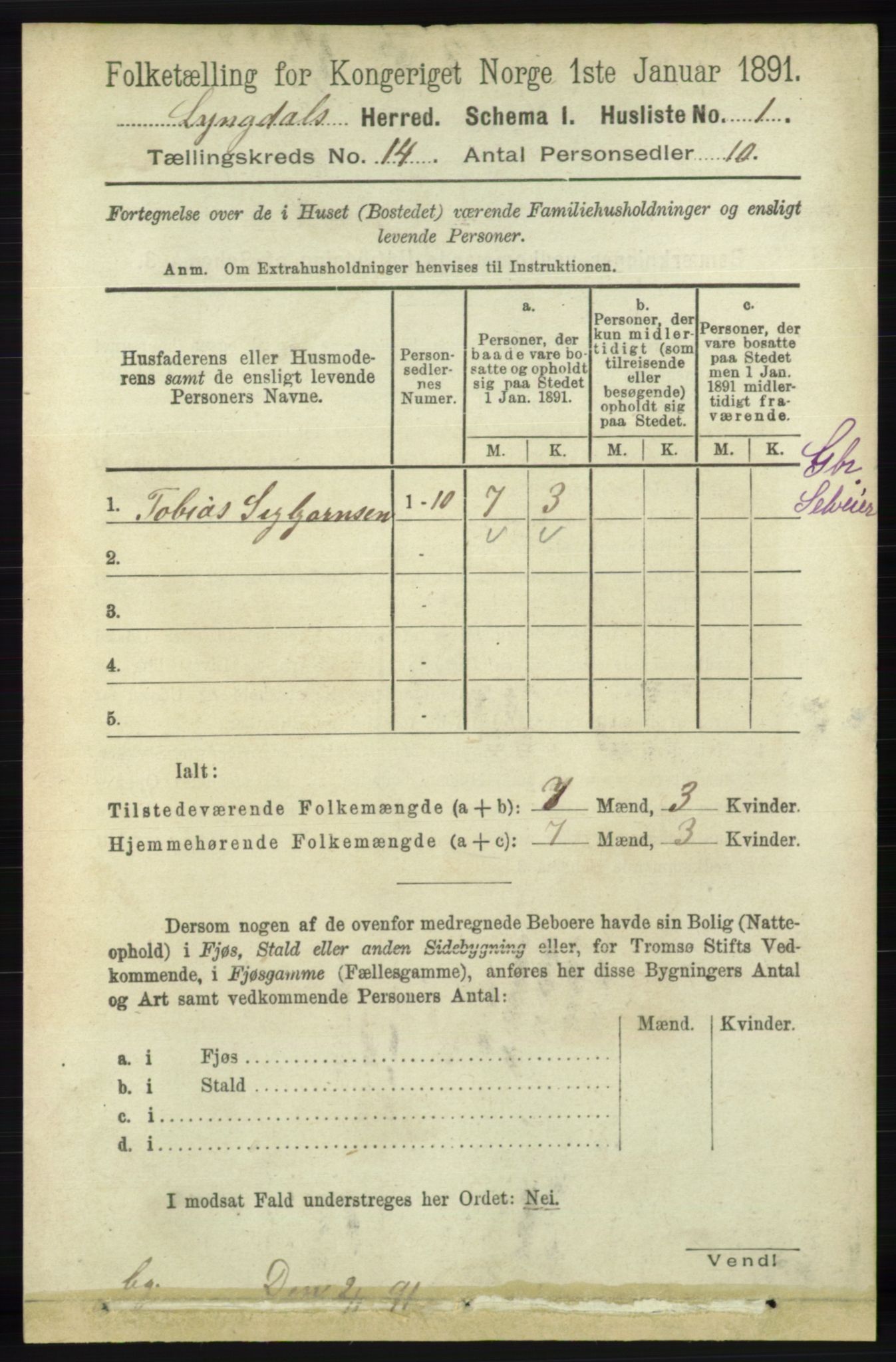 RA, 1891 census for 1032 Lyngdal, 1891, p. 5807