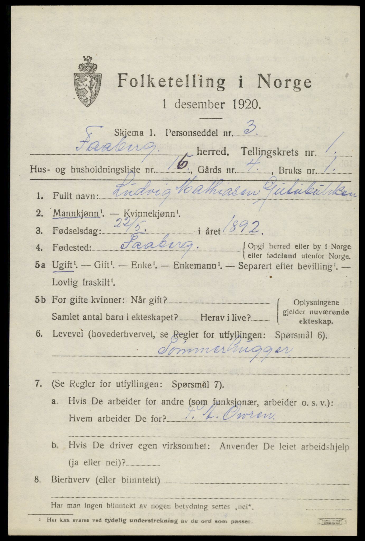 SAH, 1920 census for Fåberg, 1920, p. 2440