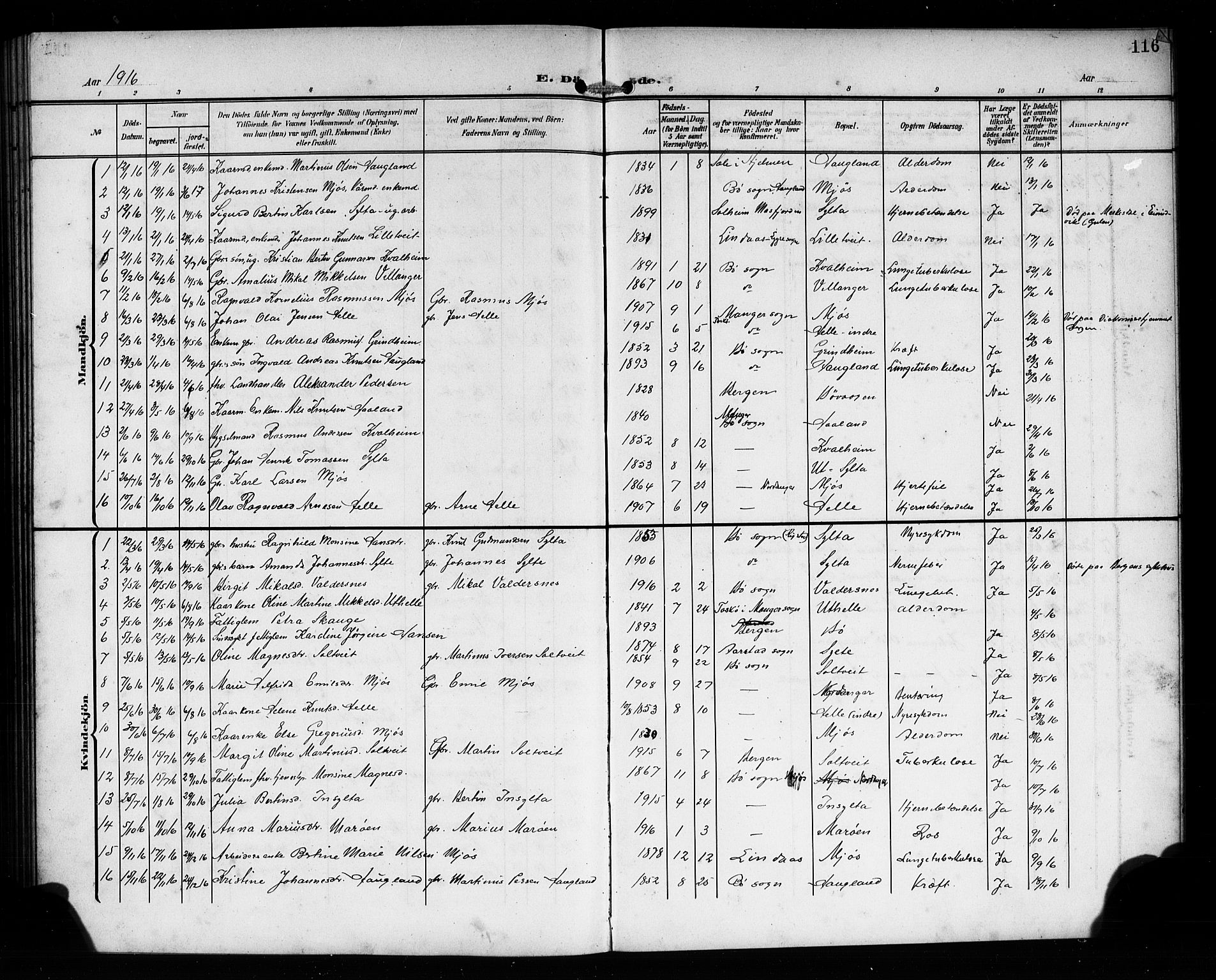 Manger sokneprestembete, SAB/A-76801/H/Hab: Parish register (copy) no. B 4, 1907-1922, p. 116
