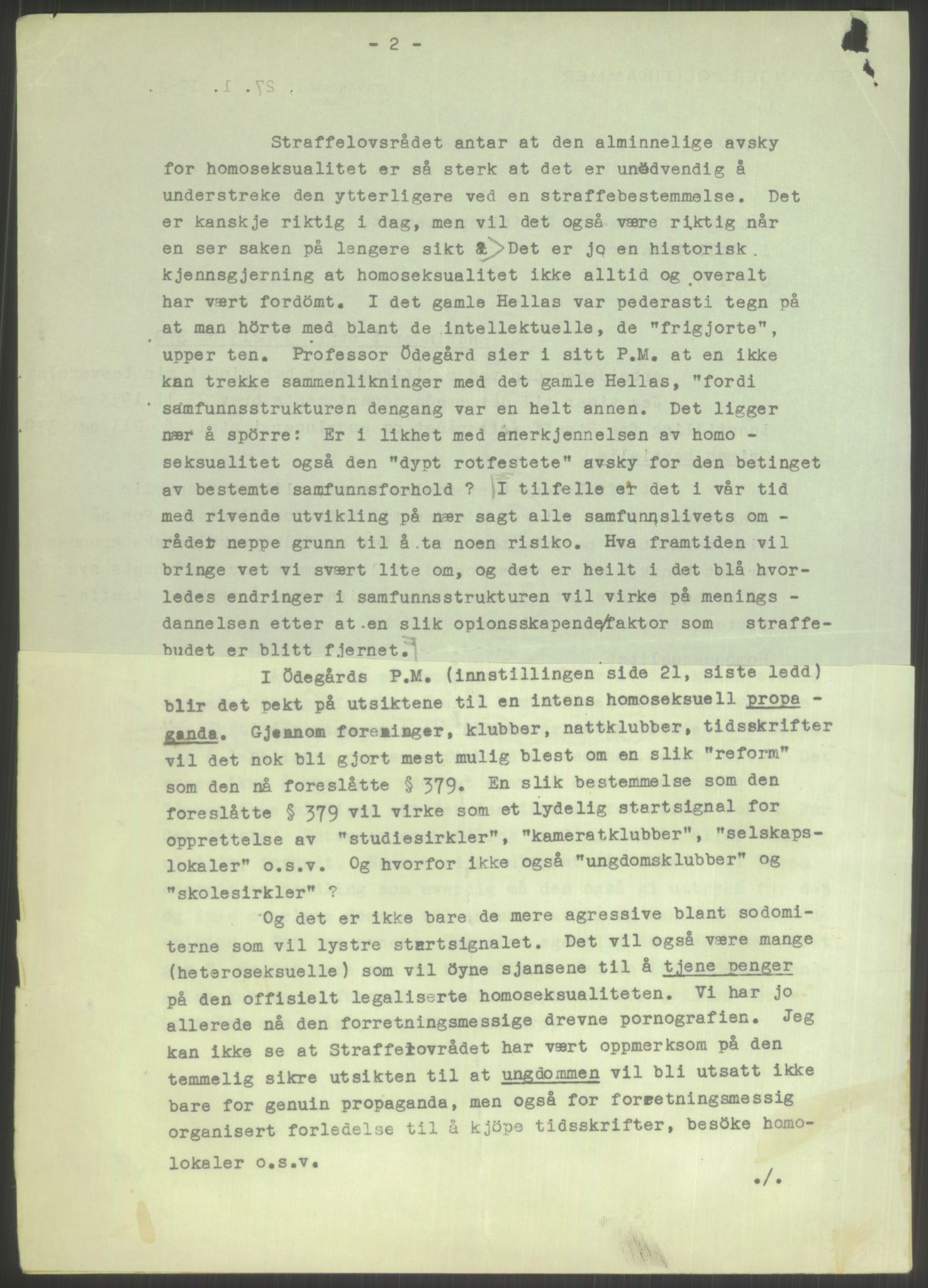 Justisdepartementet, Lovavdelingen, AV/RA-S-3212/D/De/L0029/0001: Straffeloven / Straffelovens revisjon: 5 - Ot. prp. nr.  41 - 1945: Homoseksualiet. 3 mapper, 1956-1970, p. 362