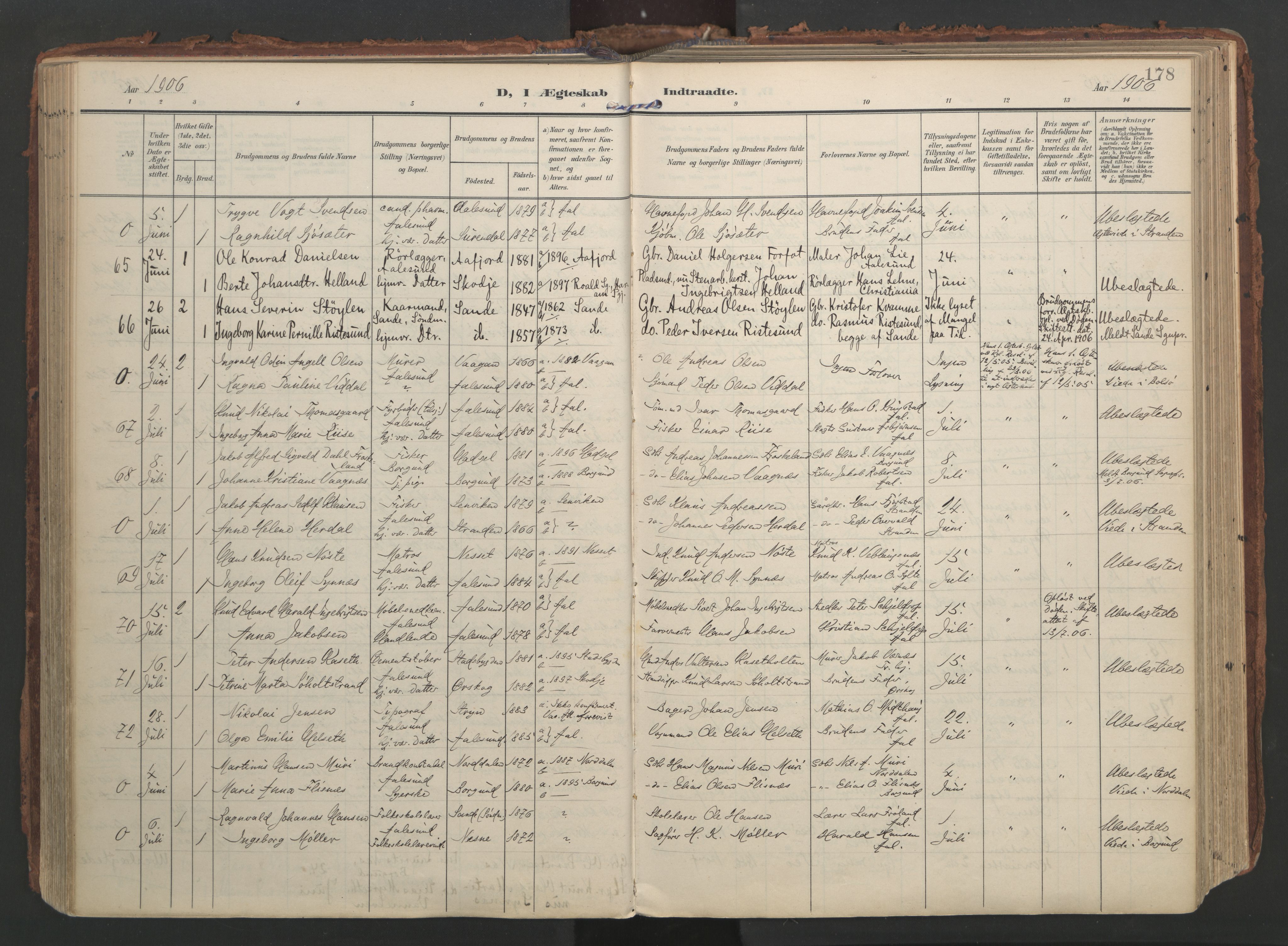 Ministerialprotokoller, klokkerbøker og fødselsregistre - Møre og Romsdal, SAT/A-1454/529/L0459: Parish register (official) no. 529A09, 1904-1917, p. 178