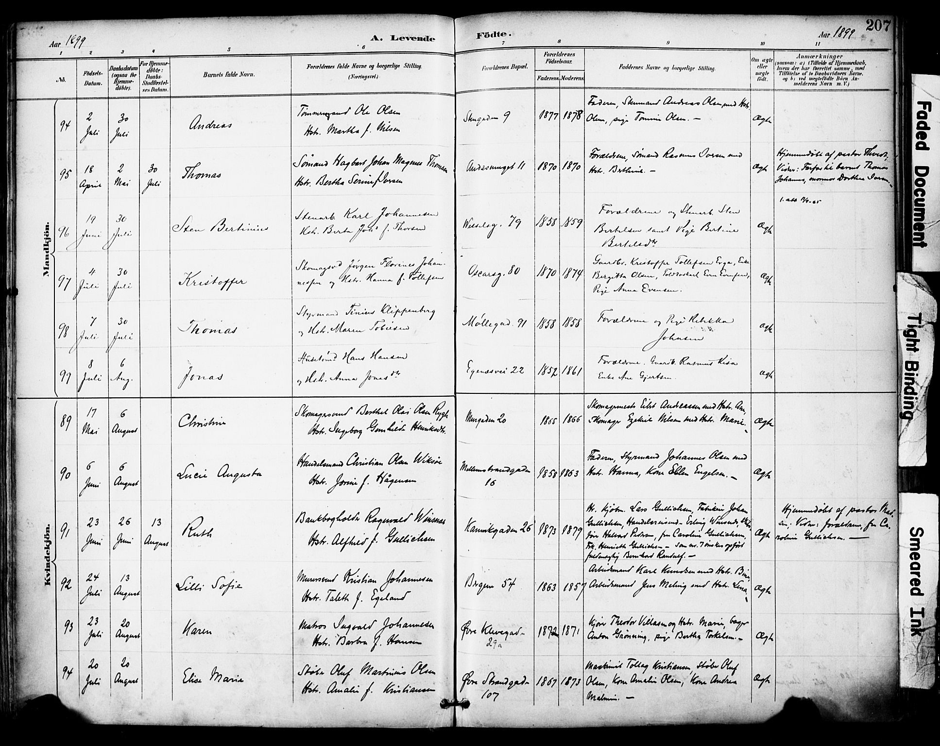 Domkirken sokneprestkontor, SAST/A-101812/001/30/30BA/L0030: Parish register (official) no. A 29, 1889-1902, p. 207