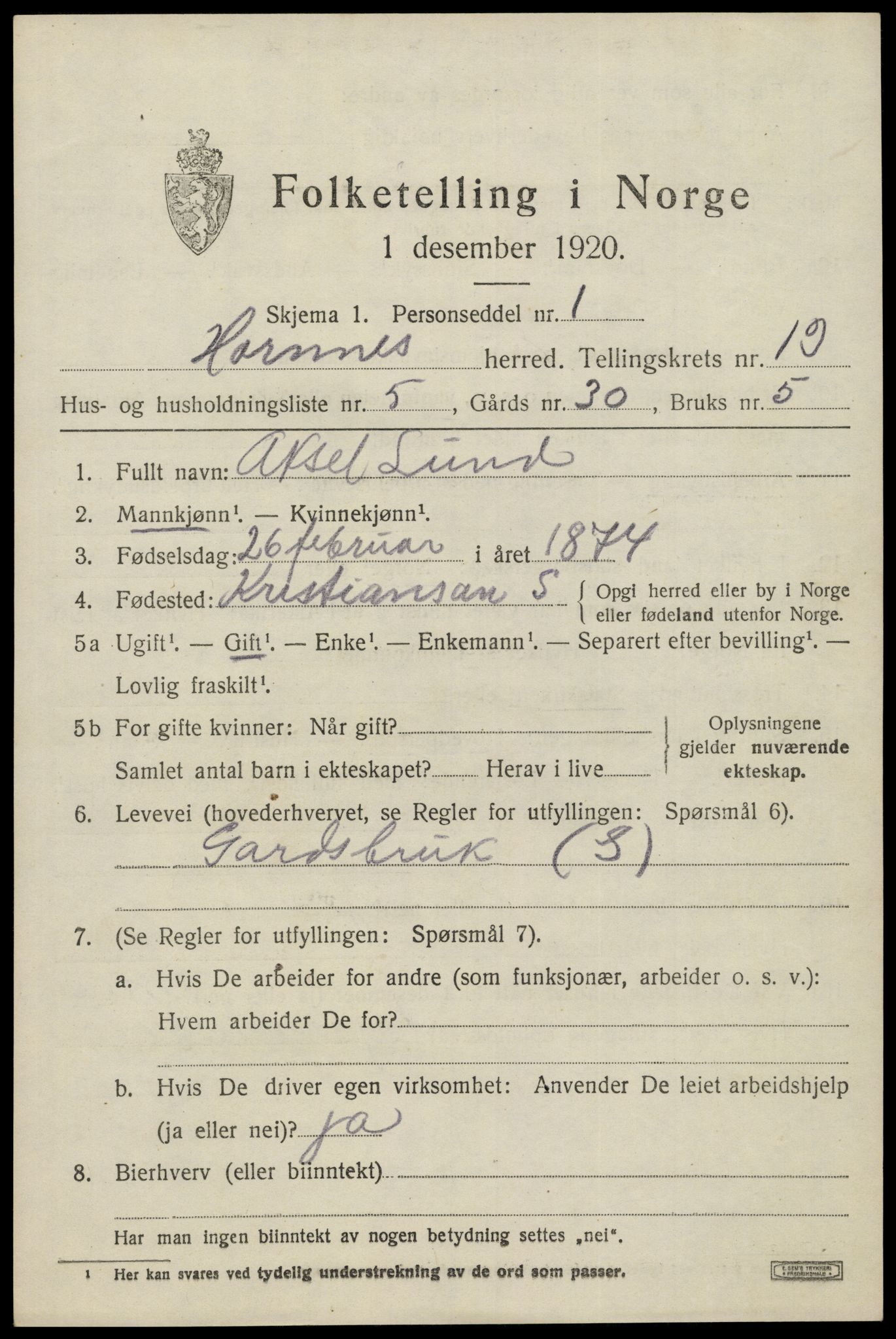 SAK, 1920 census for Hornnes, 1920, p. 3105