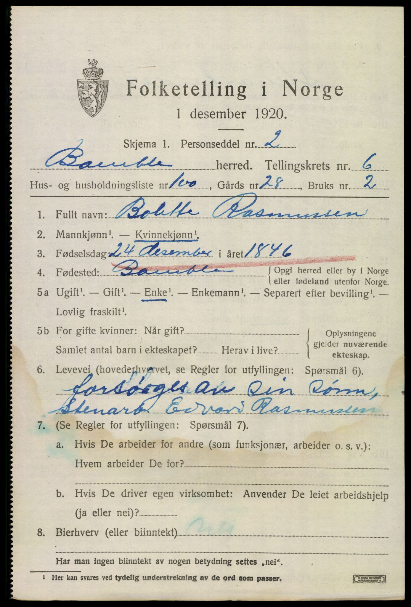 SAKO, 1920 census for Bamble, 1920, p. 6907