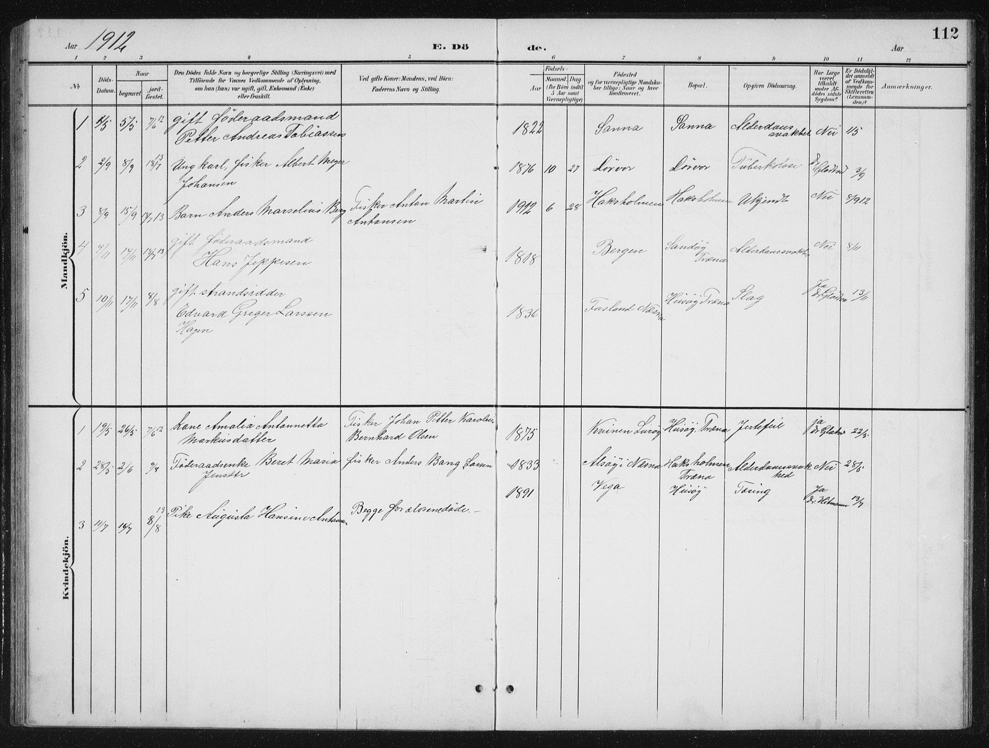 Ministerialprotokoller, klokkerbøker og fødselsregistre - Nordland, AV/SAT-A-1459/840/L0583: Parish register (copy) no. 840C03, 1901-1933, p. 112