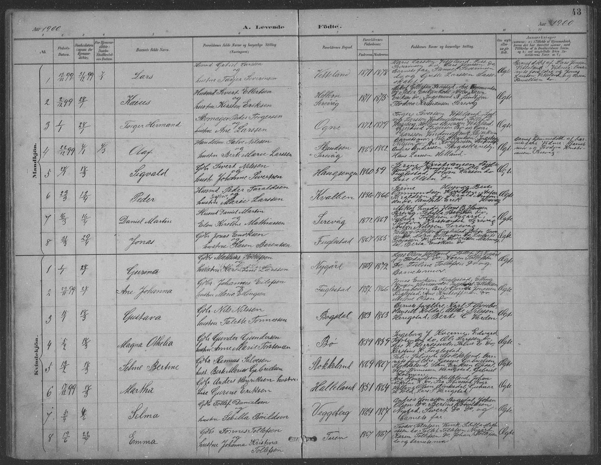 Eigersund sokneprestkontor, SAST/A-101807/S09: Parish register (copy) no. B 21, 1890-1915, p. 43