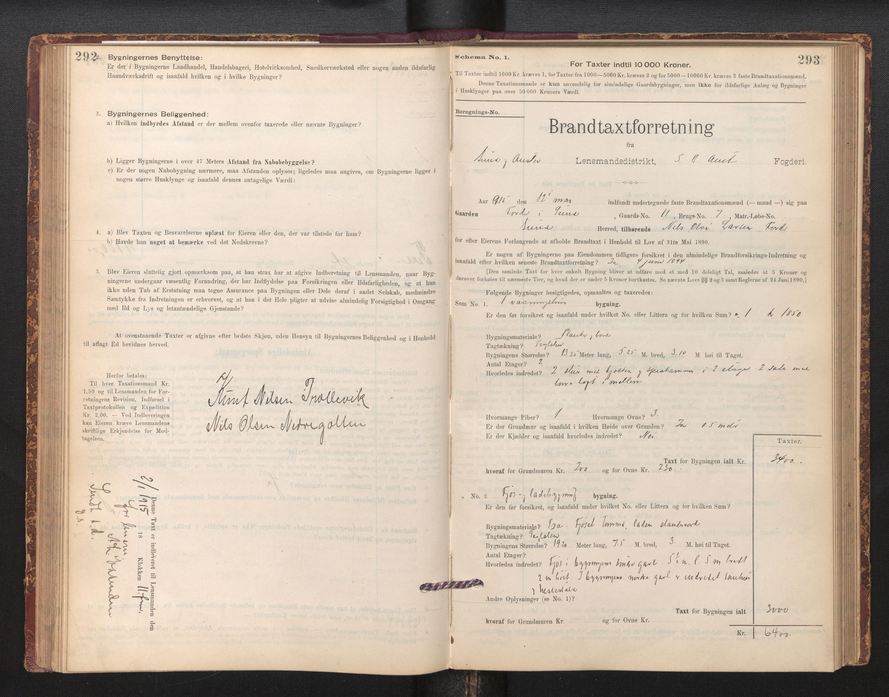 Lensmannen i Sund og Austevoll, AV/SAB-A-35201/0012/L0003: Branntakstprotokoll, skjematakst, 1894-1917, p. 292-293