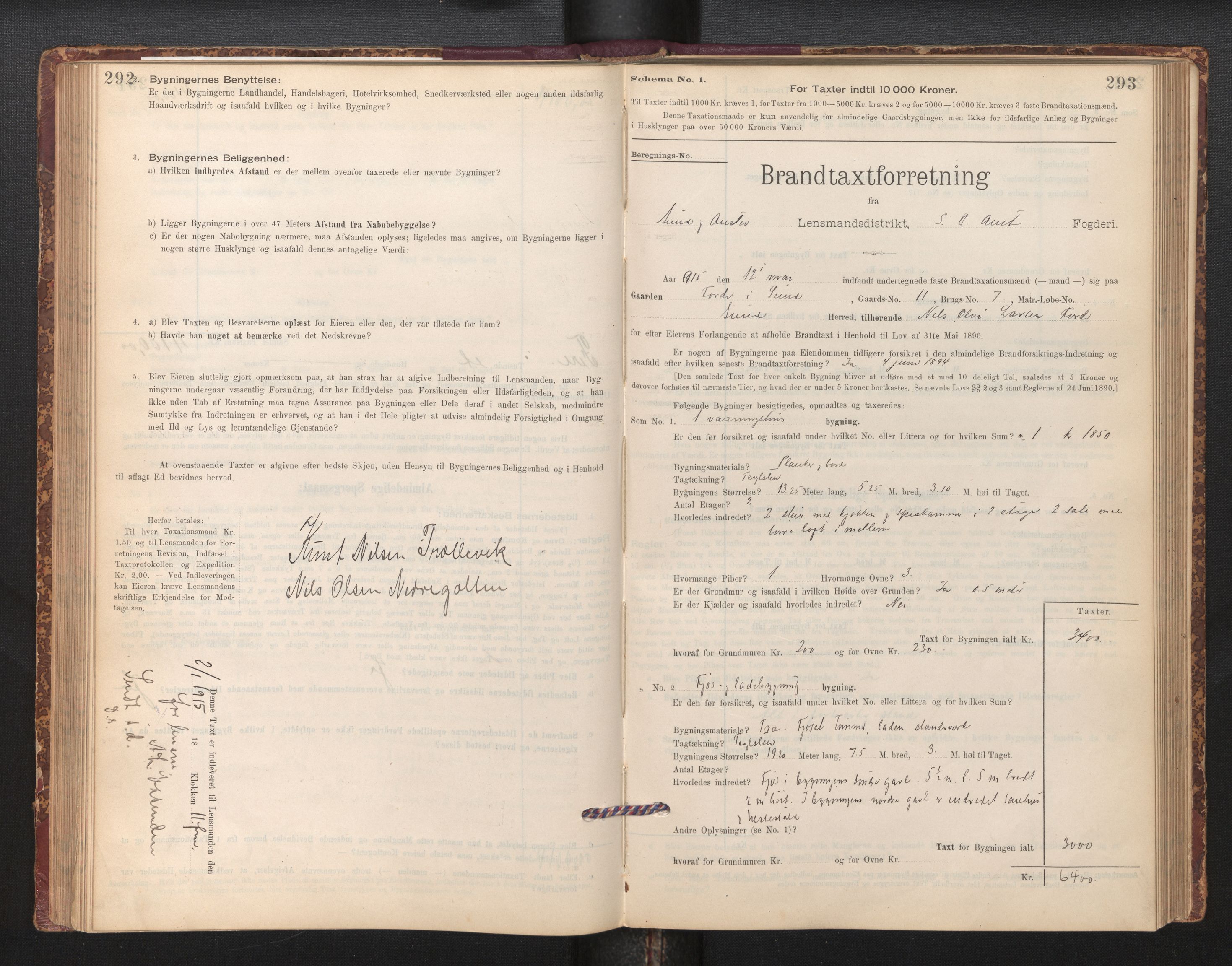 Lensmannen i Sund og Austevoll, SAB/A-35201/0012/L0003: Branntakstprotokoll, skjematakst, 1894-1917, p. 292-293