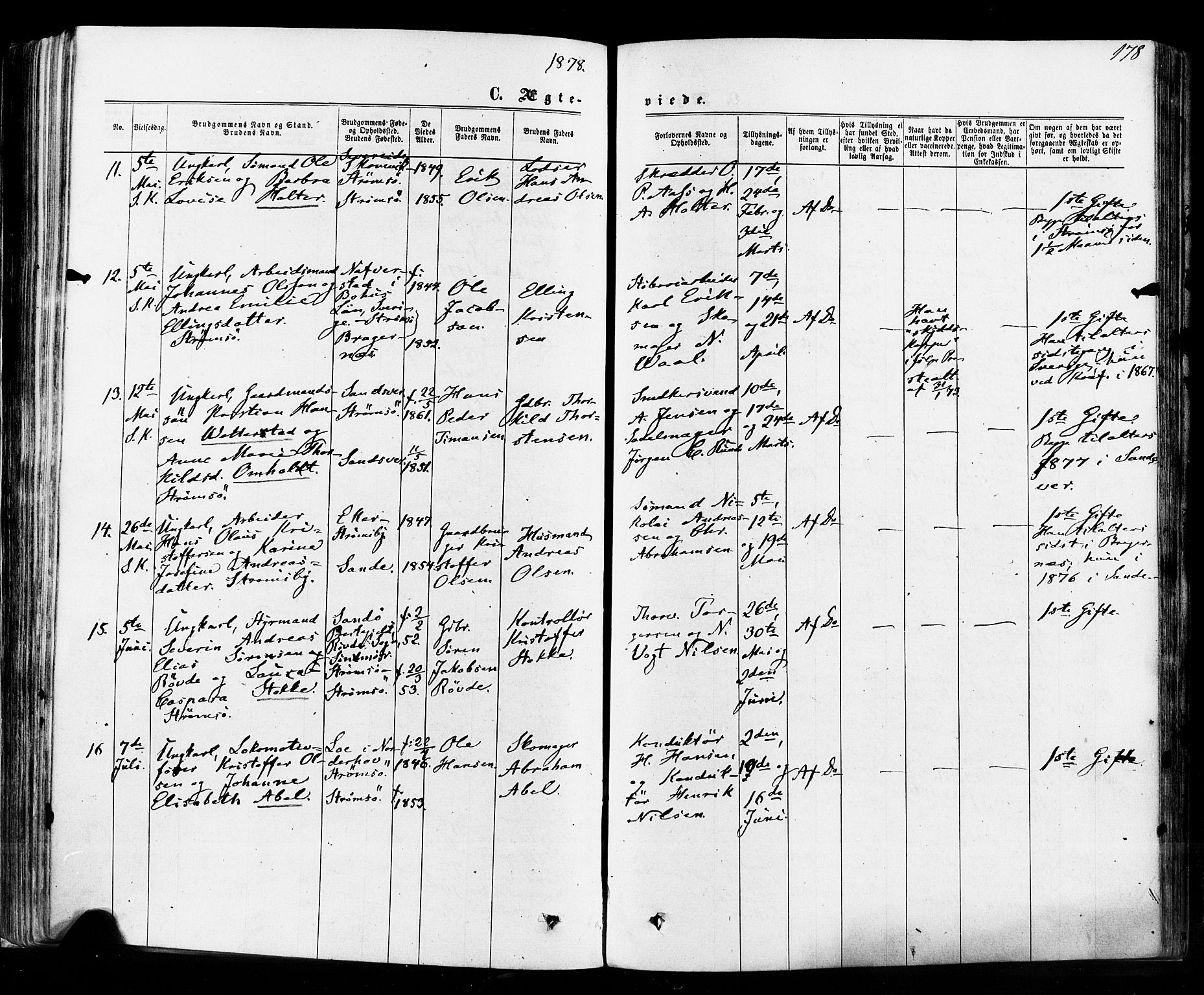 Strømsø kirkebøker, AV/SAKO-A-246/F/Fa/L0018: Parish register (official) no. I 18, 1865-1878, p. 178