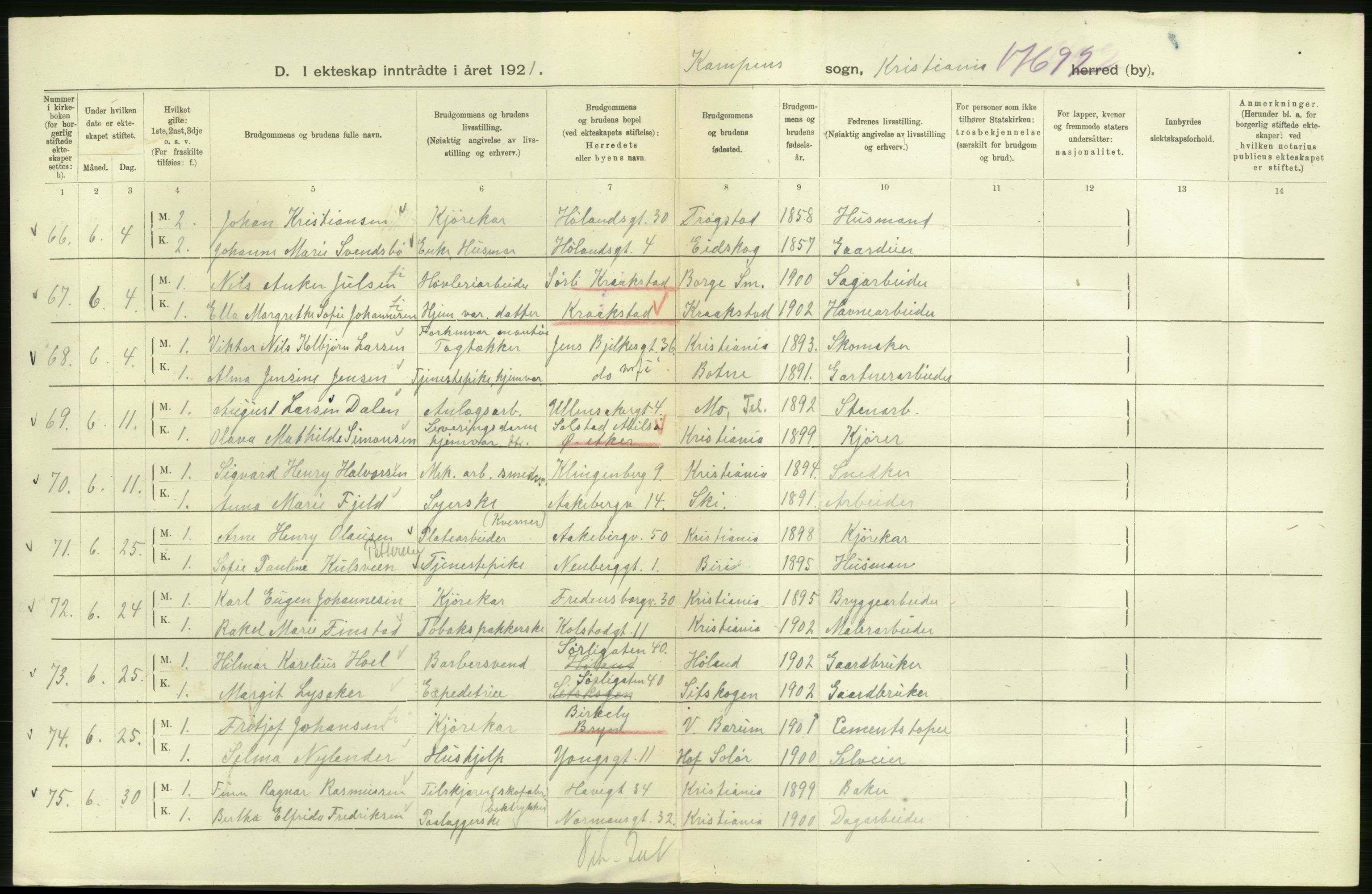 Statistisk sentralbyrå, Sosiodemografiske emner, Befolkning, AV/RA-S-2228/D/Df/Dfc/Dfca/L0011: Kristiania: Gifte, 1921, p. 768