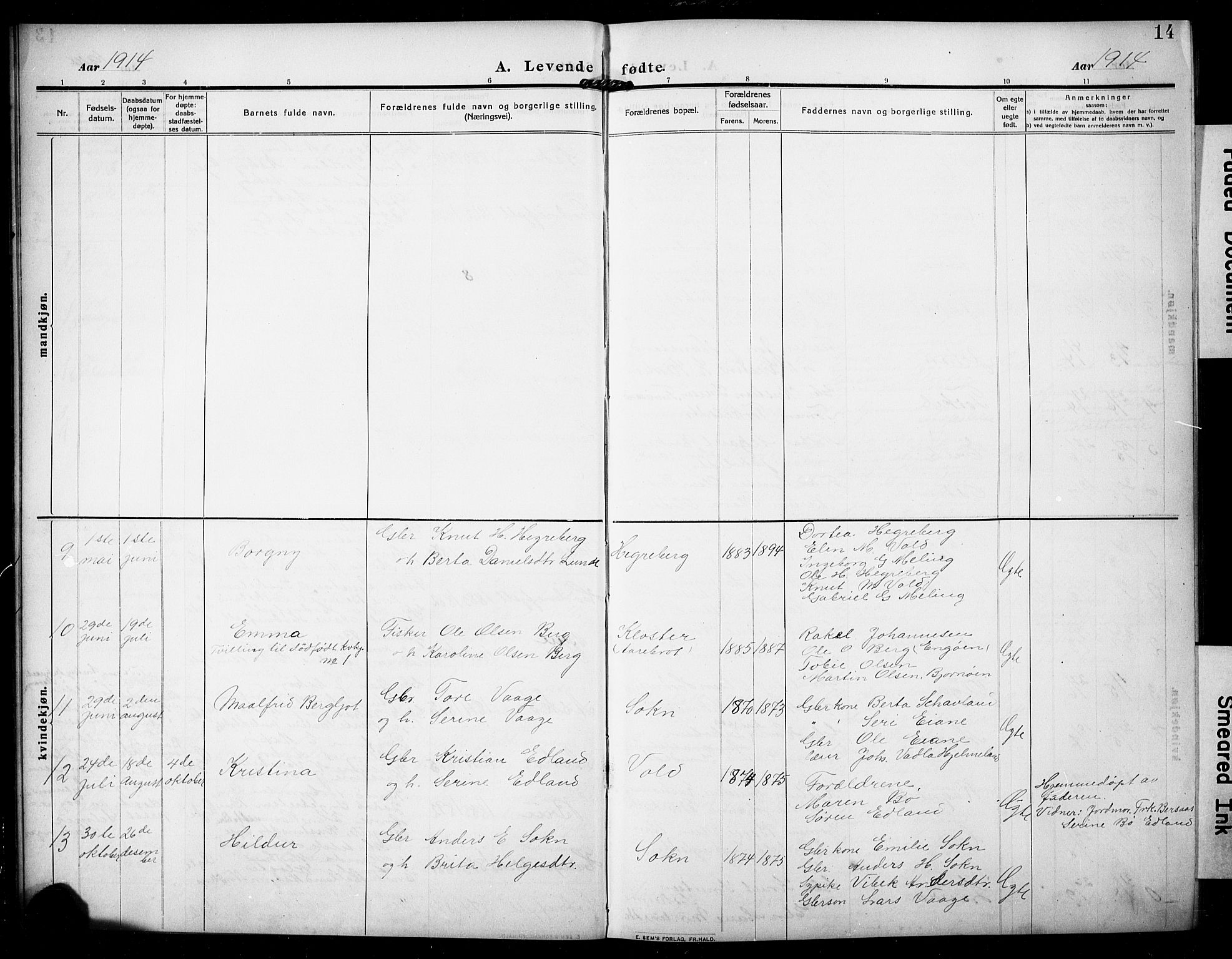 Rennesøy sokneprestkontor, SAST/A -101827/H/Ha/Hab/L0013: Parish register (copy) no. B 12, 1907-1928, p. 14