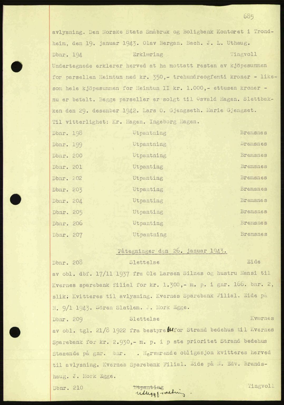 Nordmøre sorenskriveri, AV/SAT-A-4132/1/2/2Ca: Mortgage book no. C81, 1940-1945, Diary no: : 194/1943