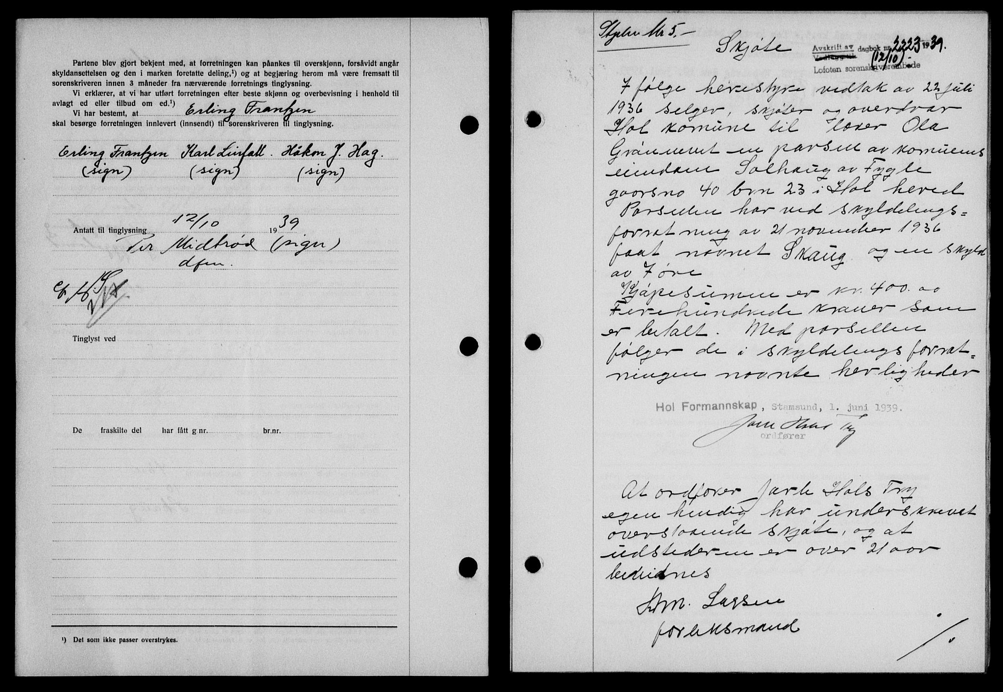 Lofoten sorenskriveri, SAT/A-0017/1/2/2C/L0006a: Mortgage book no. 6a, 1939-1939, Diary no: : 2223/1939