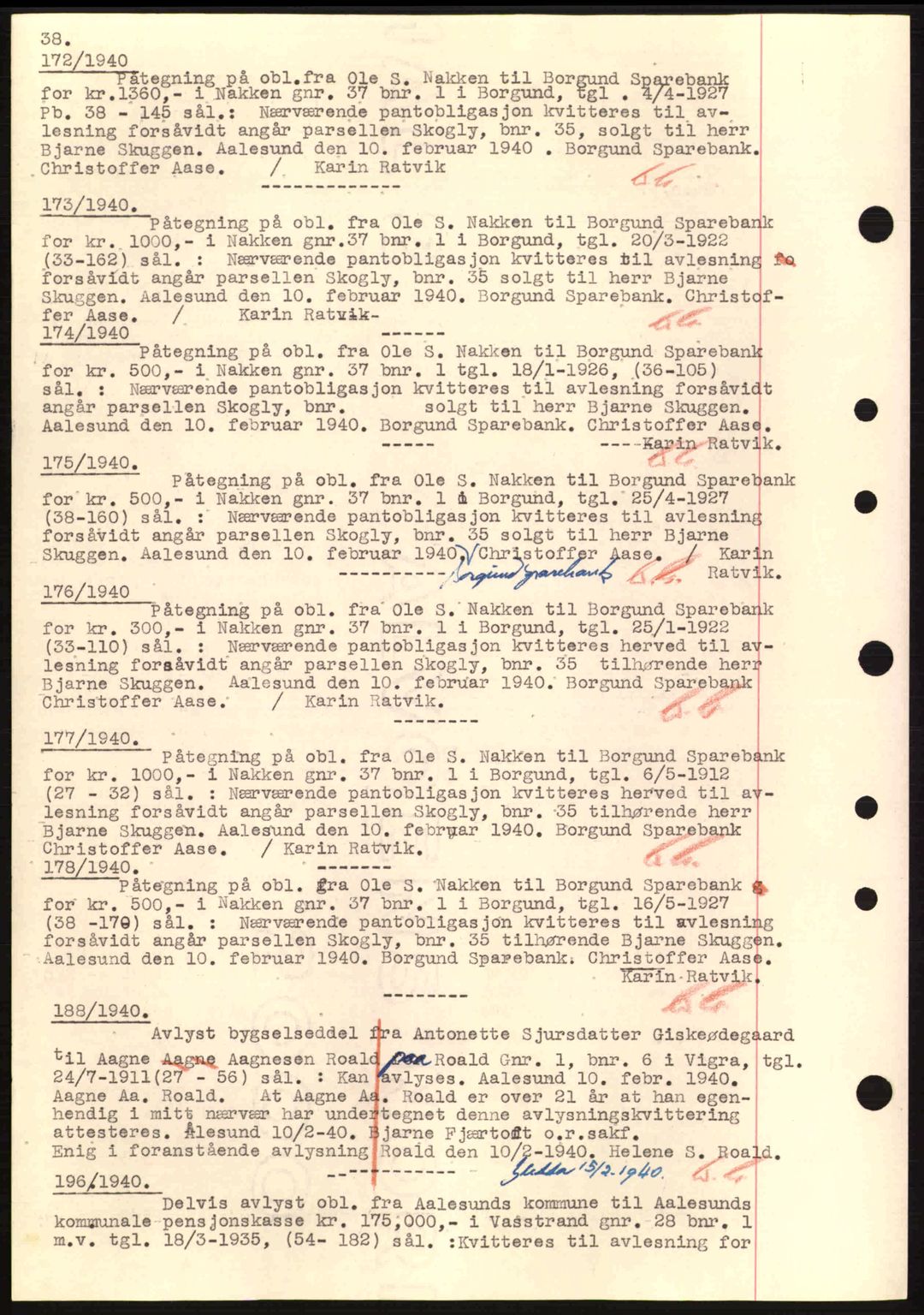 Nordre Sunnmøre sorenskriveri, SAT/A-0006/1/2/2C/2Ca: Mortgage book no. B1-6, 1938-1942, Diary no: : 172/1940