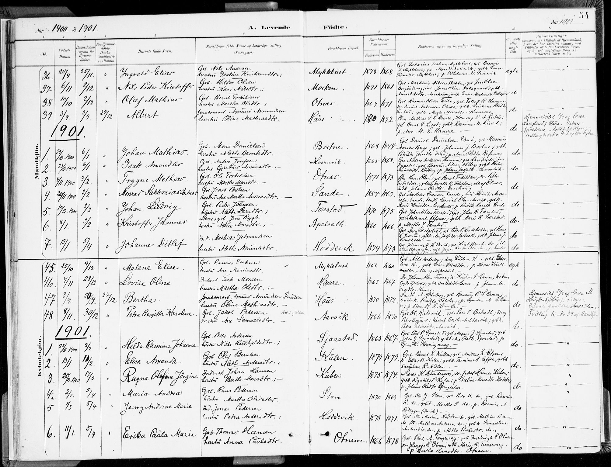 Selje sokneprestembete, SAB/A-99938/H/Ha/Haa/Haab: Parish register (official) no. B 2, 1891-1907, p. 54