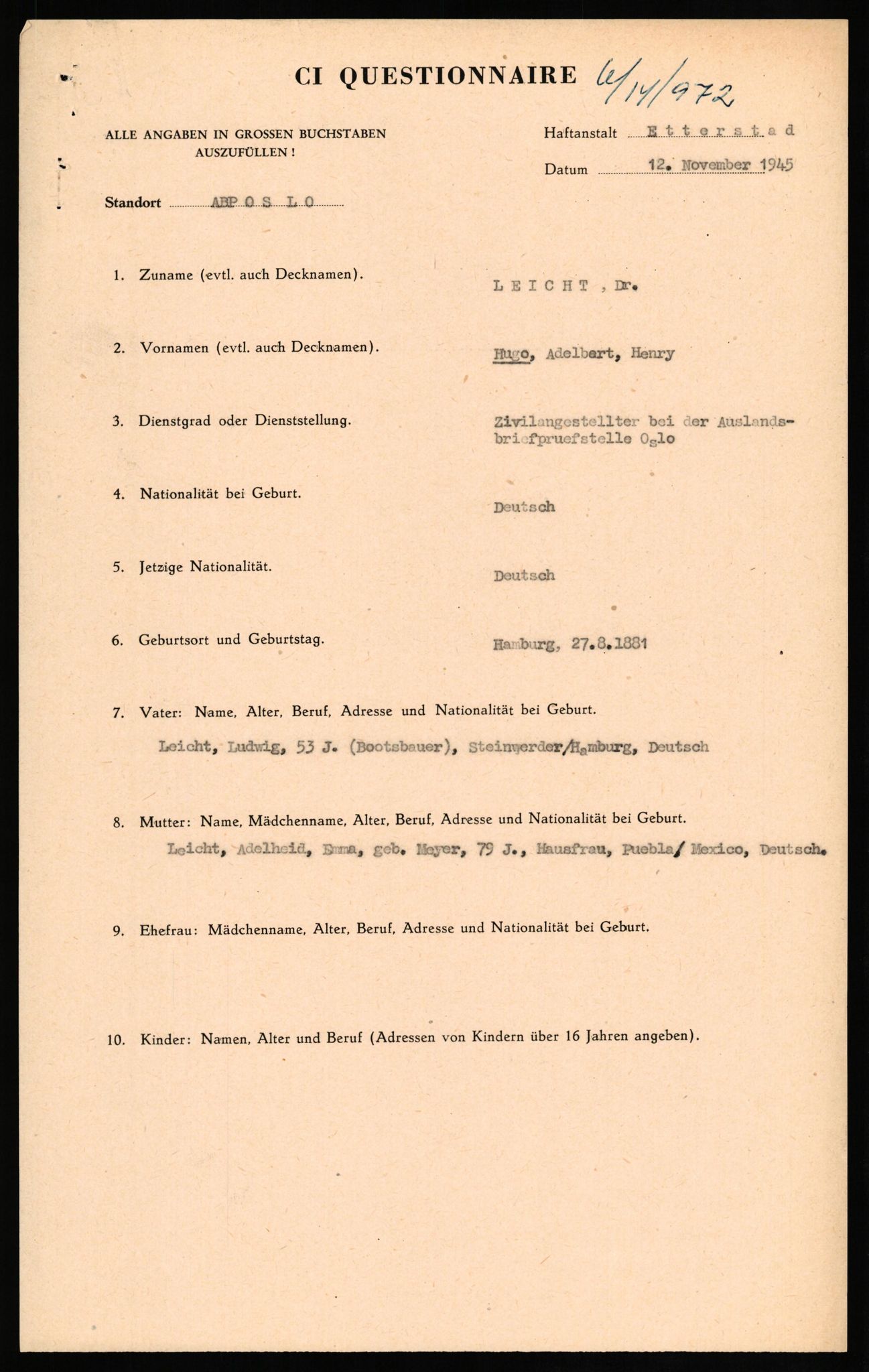 Forsvaret, Forsvarets overkommando II, RA/RAFA-3915/D/Db/L0020: CI Questionaires. Tyske okkupasjonsstyrker i Norge. Tyskere., 1945-1946, p. 55