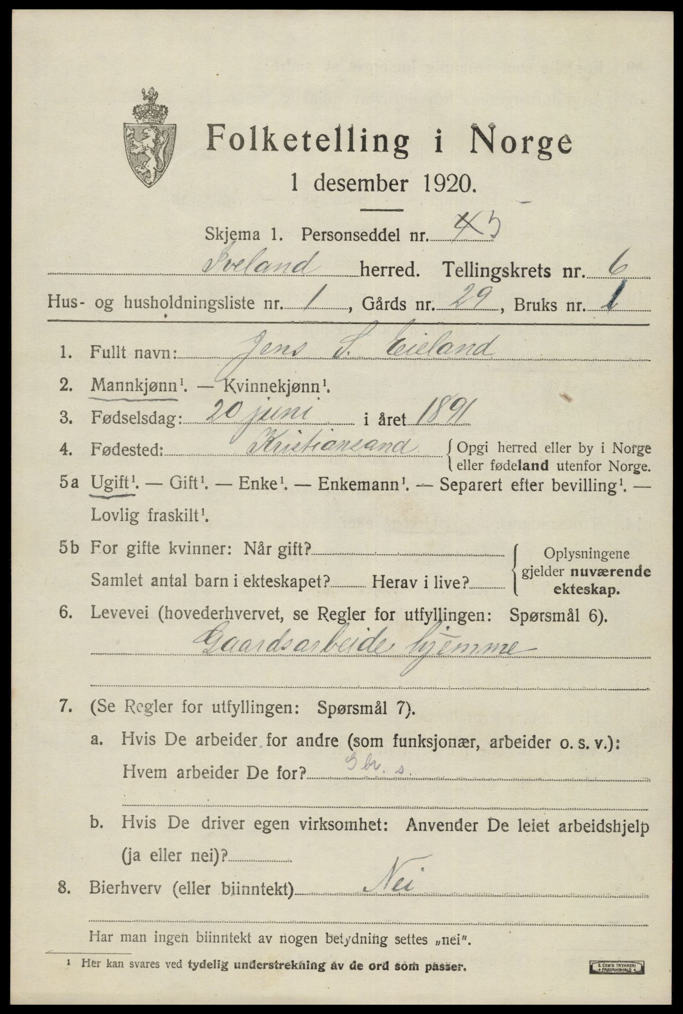 SAK, 1920 census for Iveland, 1920, p. 1935