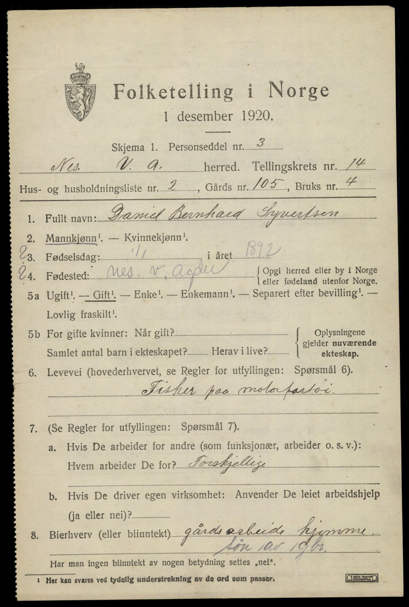 SAK, 1920 census for Nes (V-A), 1920, p. 5436