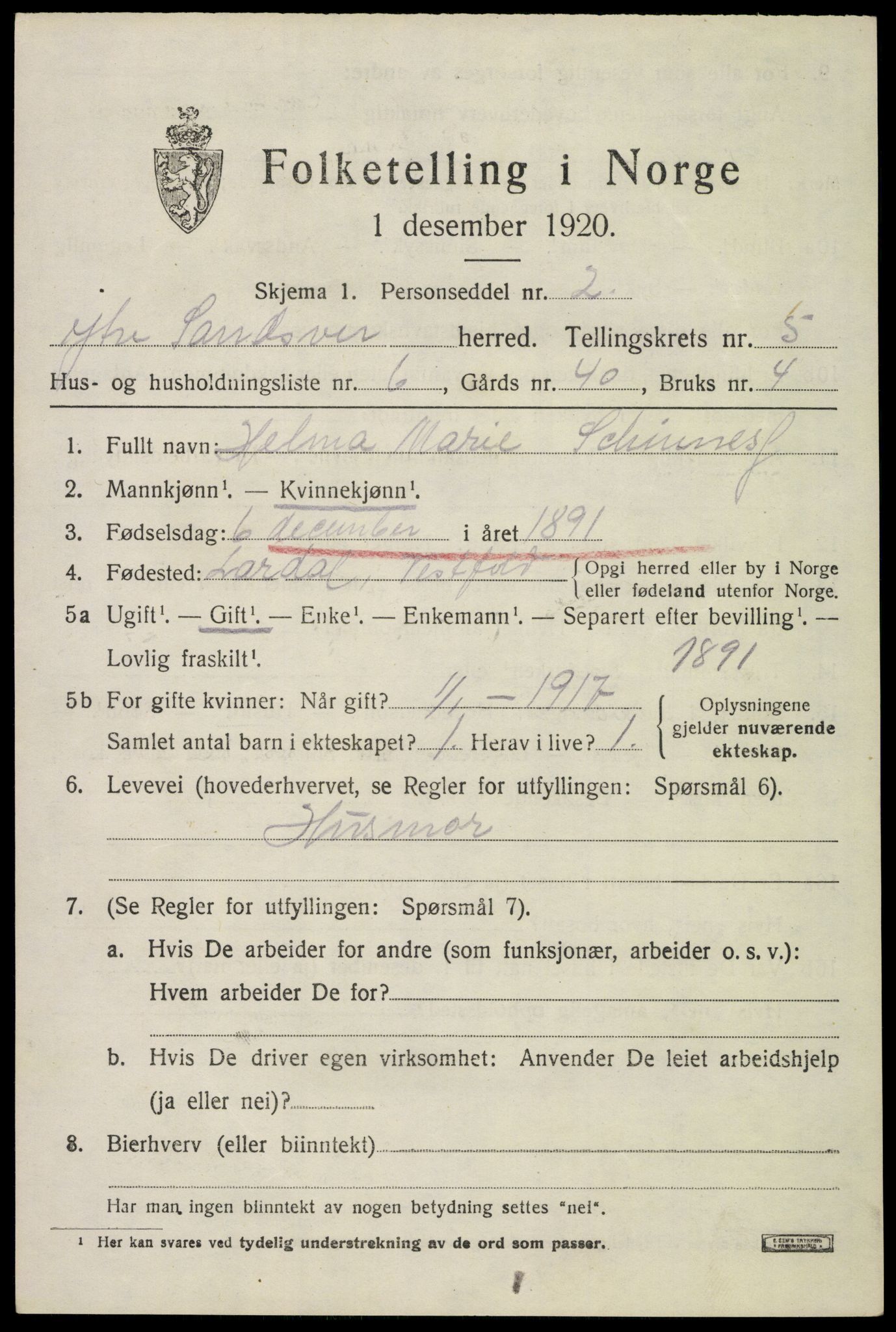 SAKO, 1920 census for Ytre Sandsvær, 1920, p. 4594