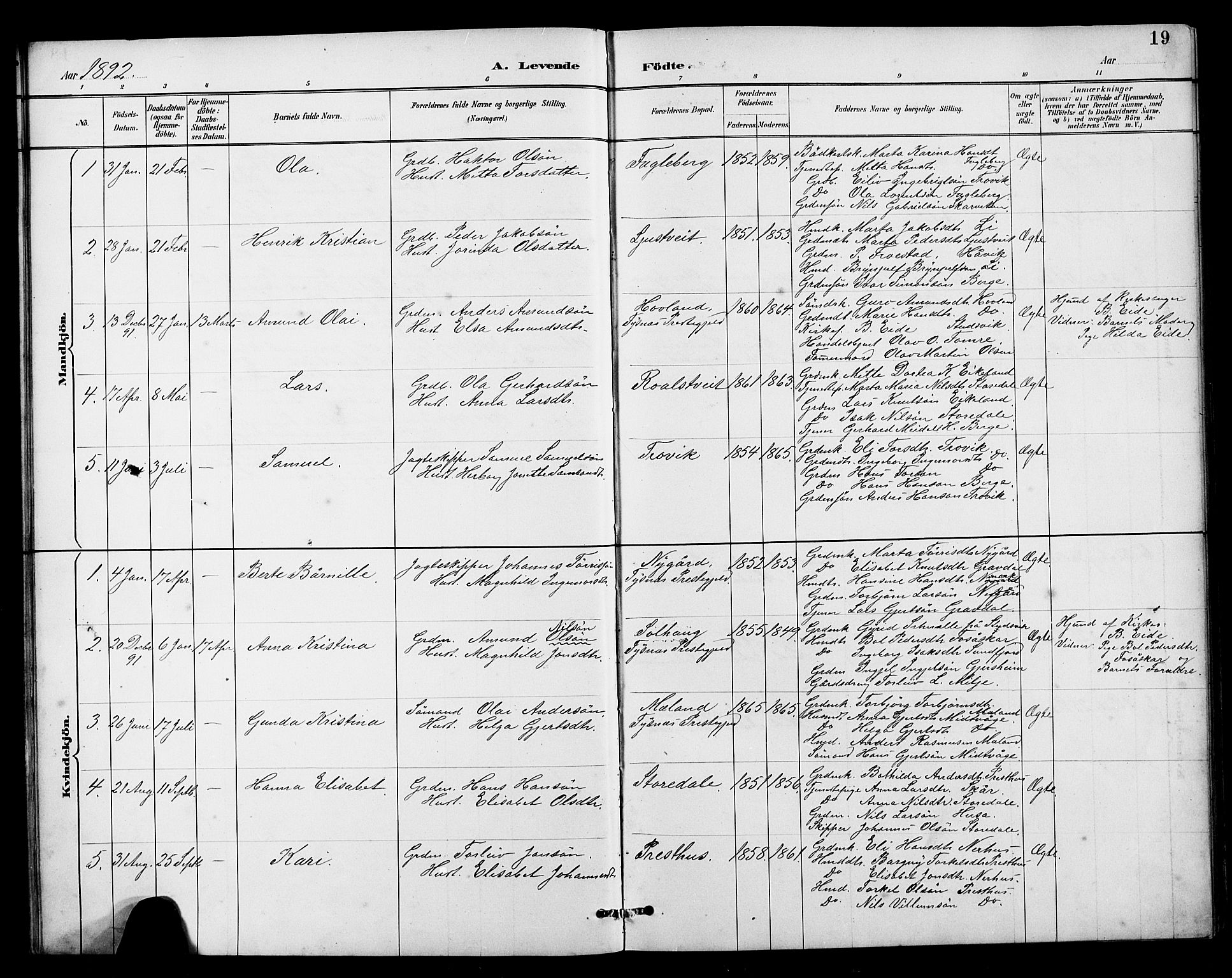 Kvinnherad sokneprestembete, SAB/A-76401/H/Hab: Parish register (copy) no. E 1, 1885-1921, p. 19