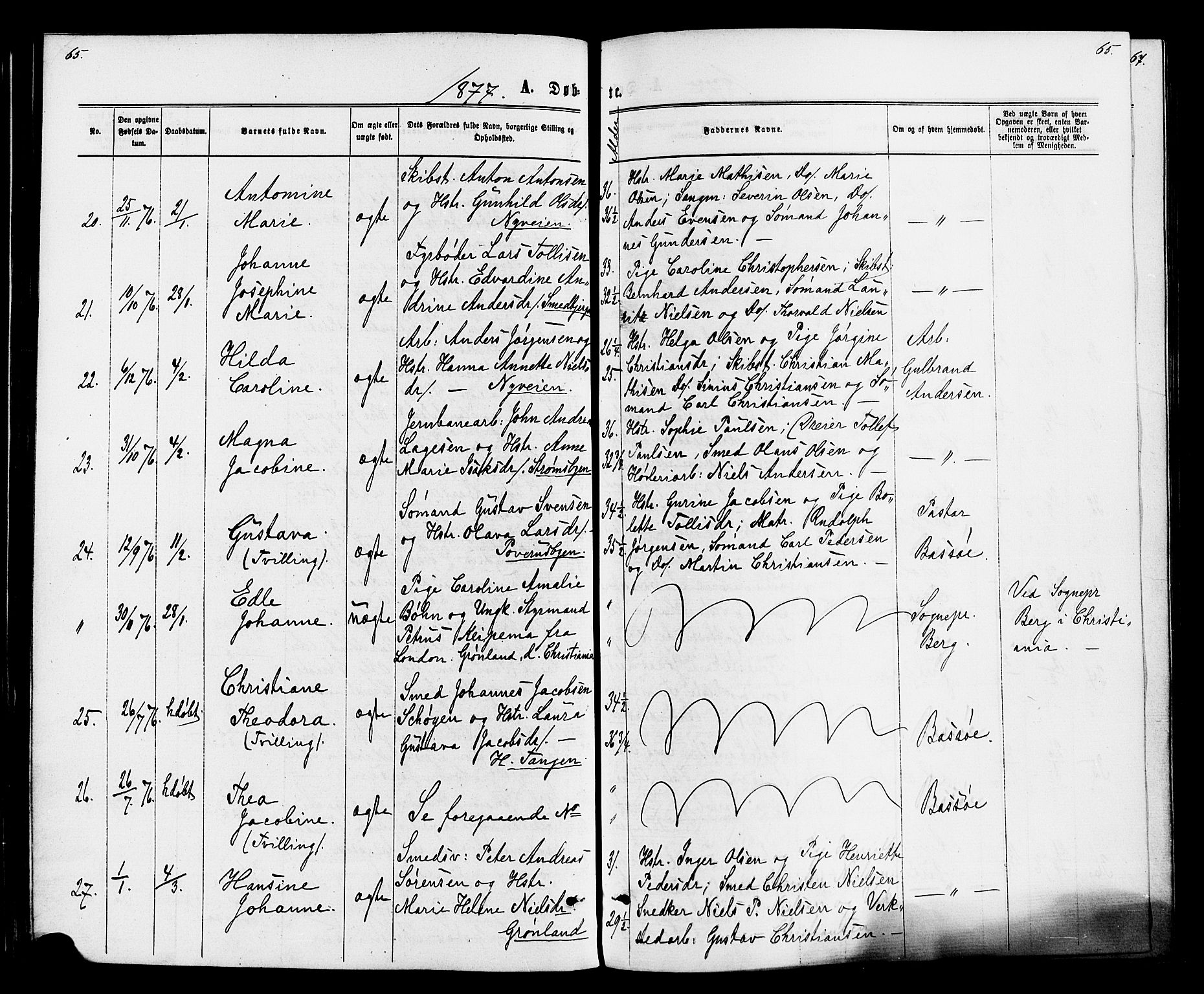 Strømsø kirkebøker, AV/SAKO-A-246/F/Fa/L0020: Parish register (official) no. I 20, 1870-1878, p. 65