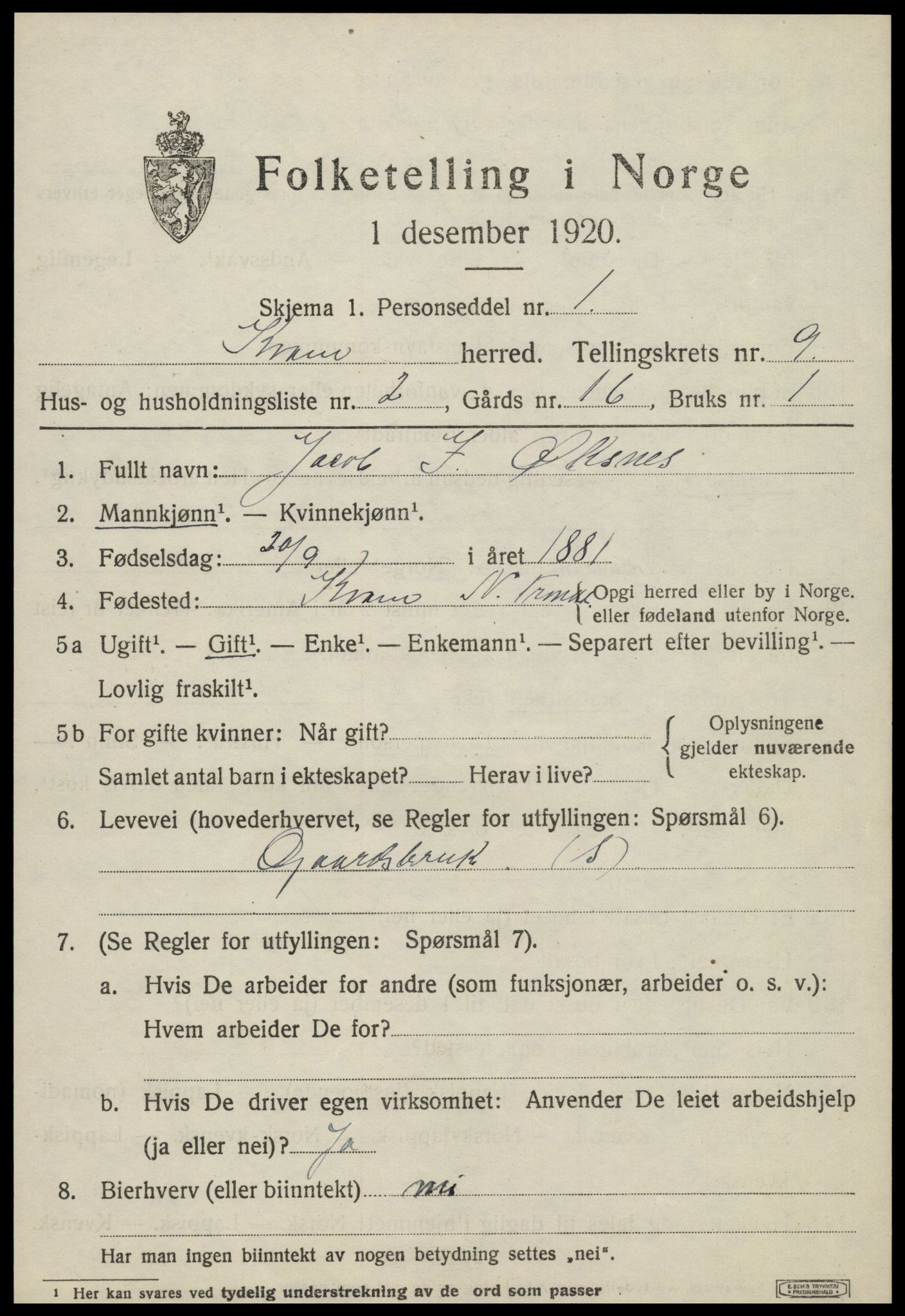 SAT, 1920 census for Kvam, 1920, p. 2341