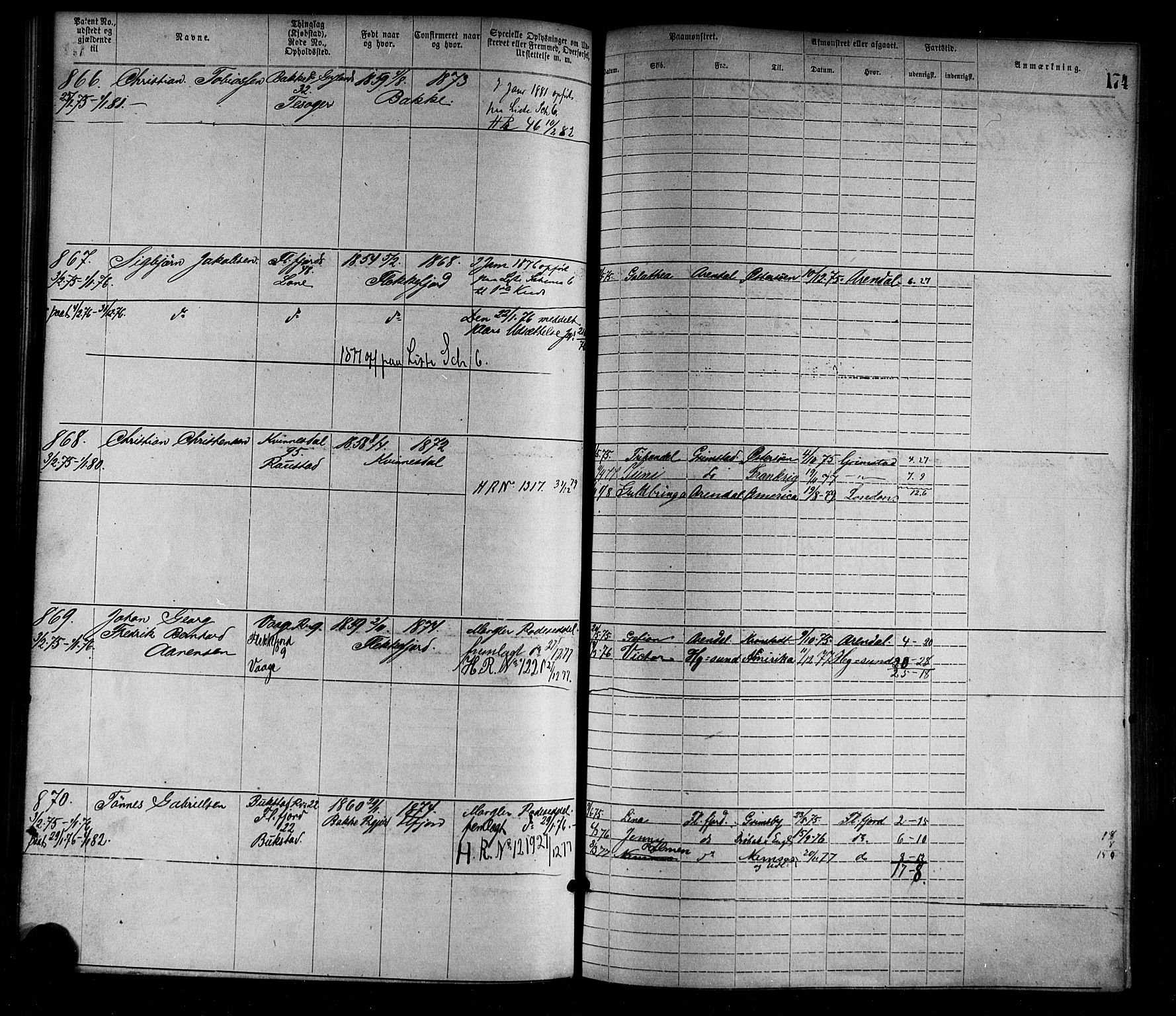 Flekkefjord mønstringskrets, SAK/2031-0018/F/Fa/L0002: Annotasjonsrulle nr 1-1920 med register, N-2, 1870-1891, p. 199
