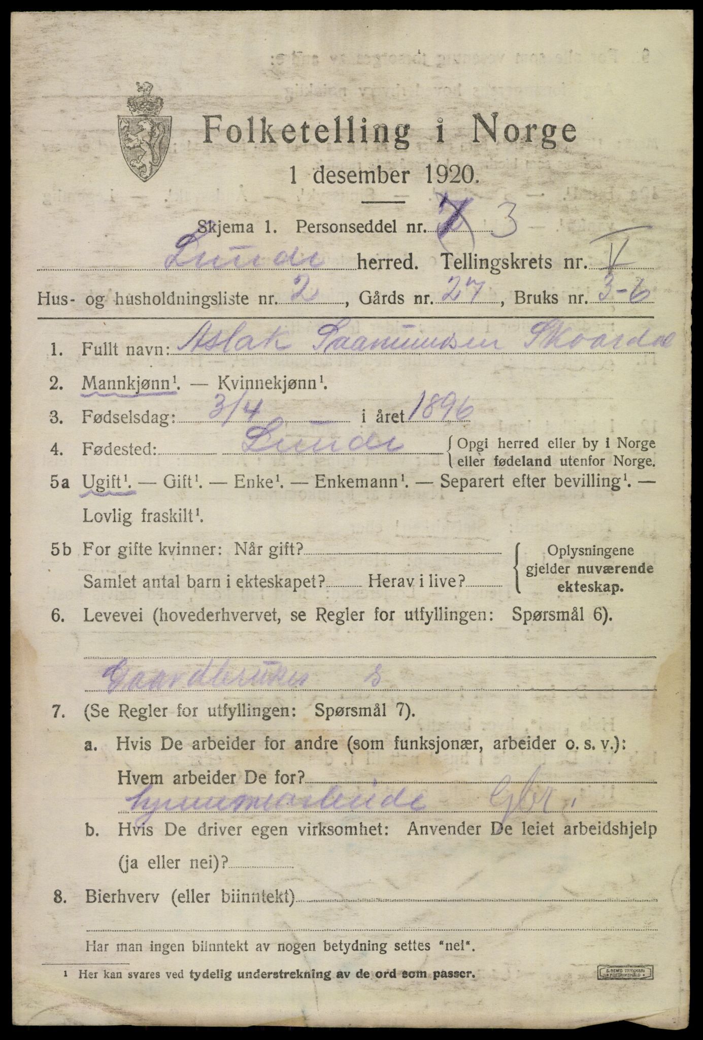 SAKO, 1920 census for Lunde, 1920, p. 3421