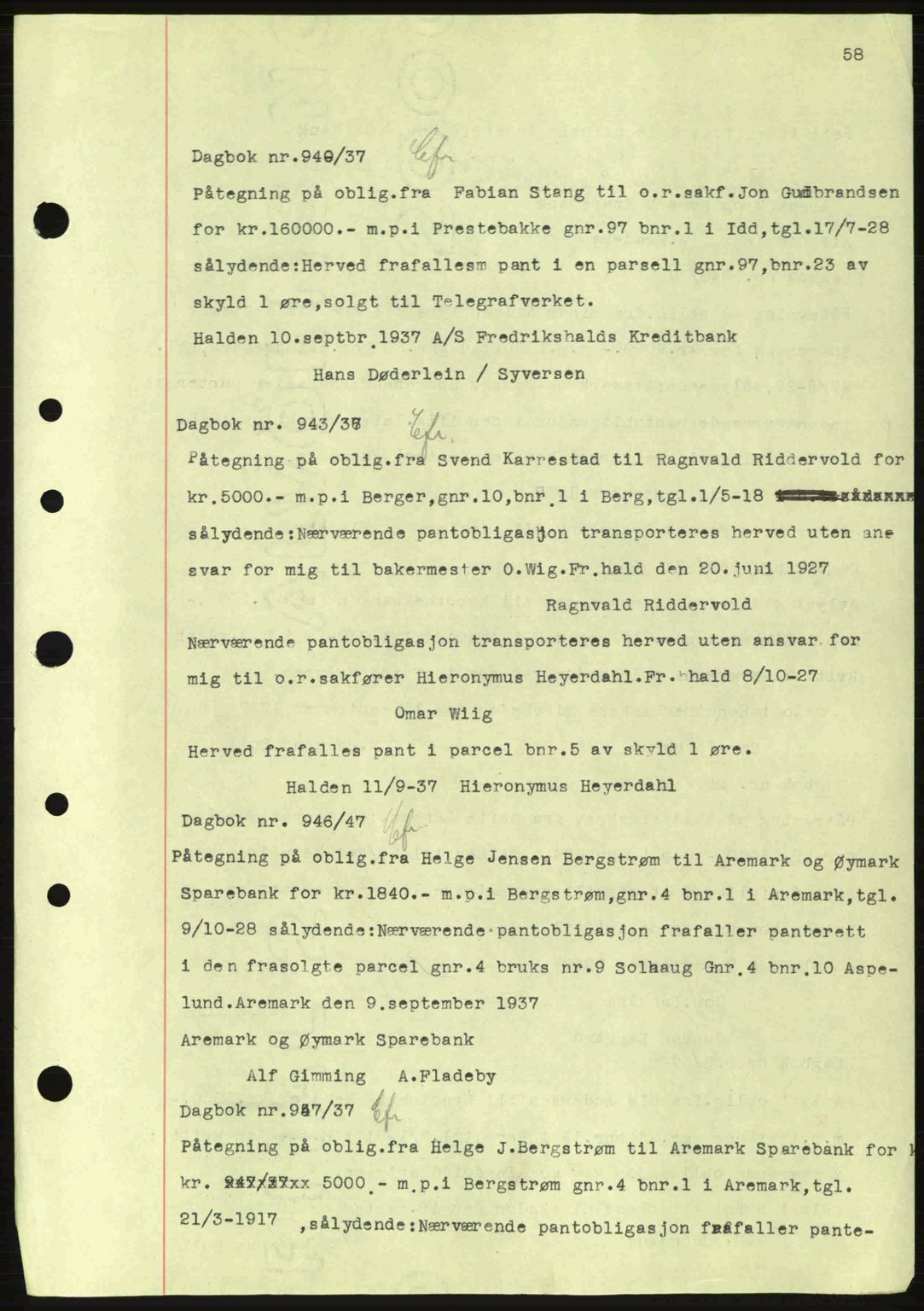 Idd og Marker sorenskriveri, AV/SAO-A-10283/G/Gb/Gbc/L0001: Mortgage book no. B1-3, 1936-1939, Diary no: : 949/1937