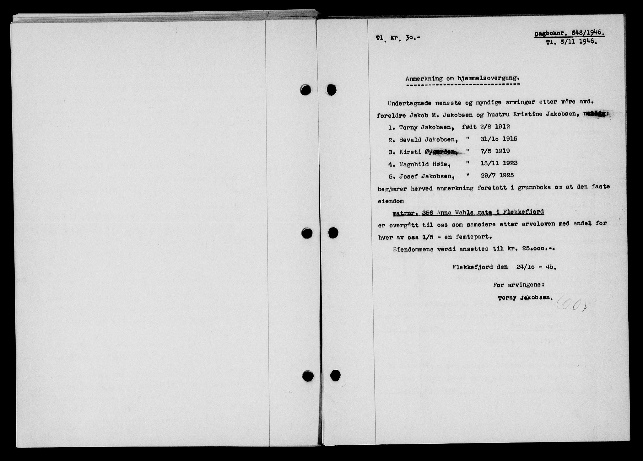 Flekkefjord sorenskriveri, SAK/1221-0001/G/Gb/Gba/L0061: Mortgage book no. A-9, 1946-1947, Diary no: : 848/1946