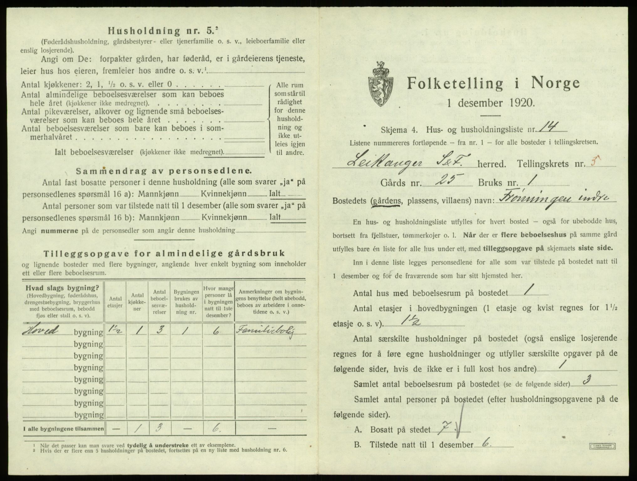 SAB, 1920 census for Leikanger, 1920, p. 548