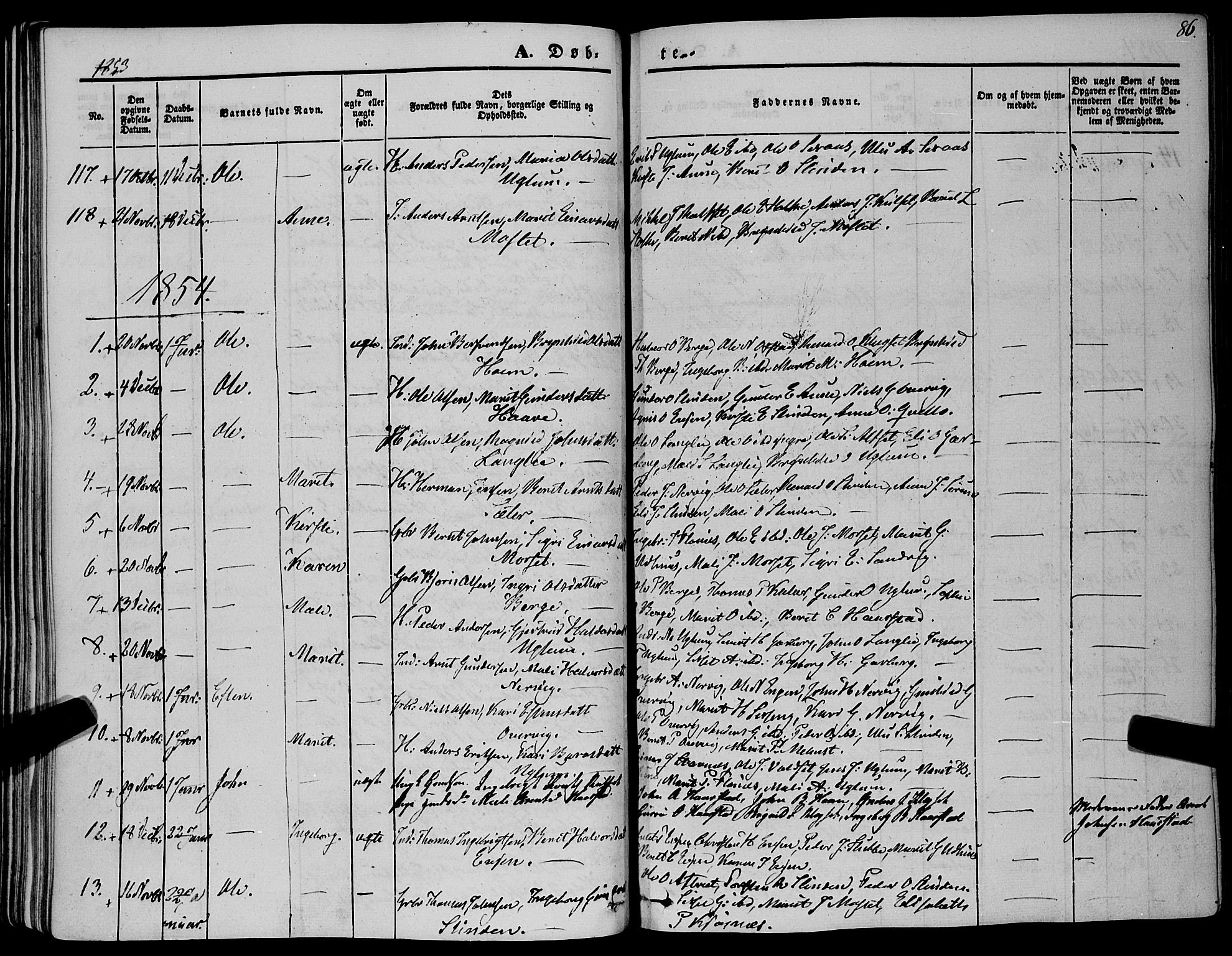 Ministerialprotokoller, klokkerbøker og fødselsregistre - Sør-Trøndelag, AV/SAT-A-1456/695/L1145: Parish register (official) no. 695A06 /1, 1843-1859, p. 86