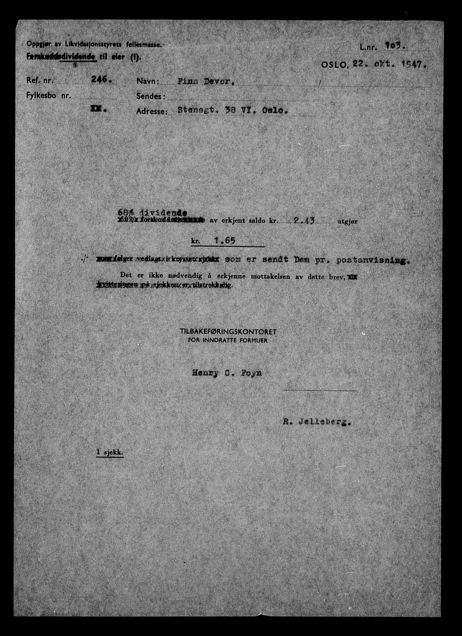 Justisdepartementet, Tilbakeføringskontoret for inndratte formuer, AV/RA-S-1564/H/Hc/Hcc/L0930: --, 1945-1947, p. 151