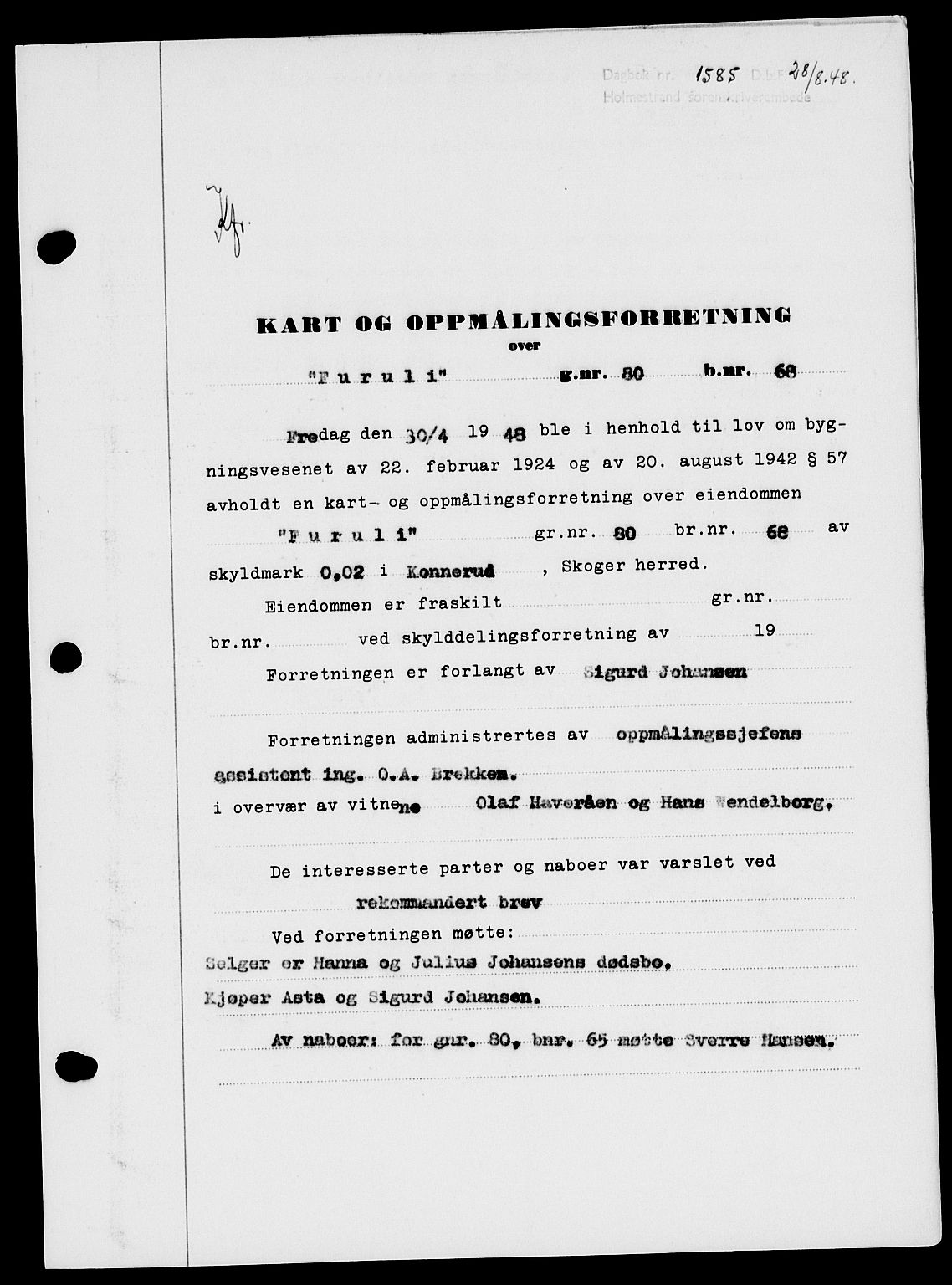 Holmestrand sorenskriveri, AV/SAKO-A-67/G/Ga/Gaa/L0064: Mortgage book no. A-64, 1948-1948, Diary no: : 1585/1948