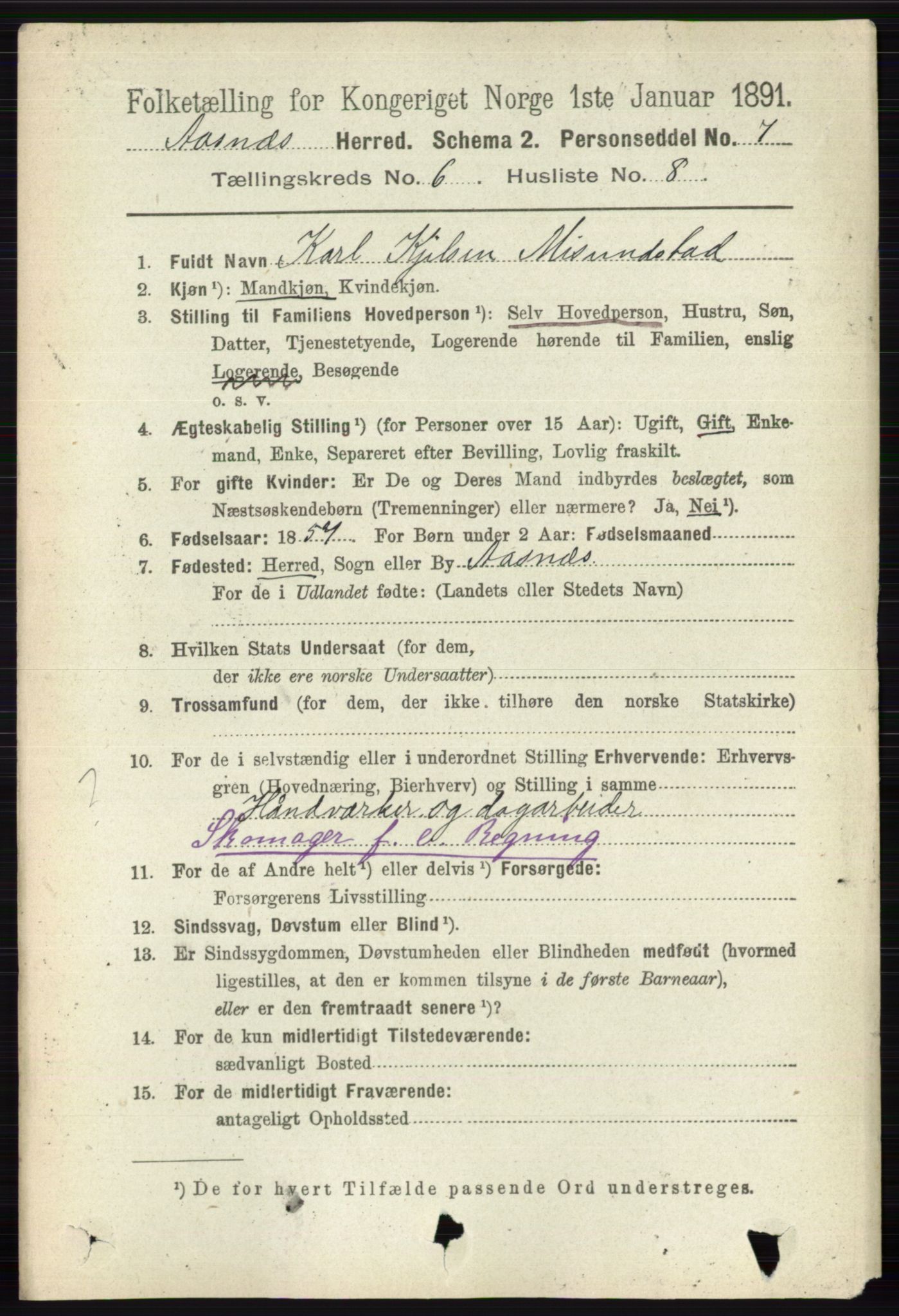 RA, 1891 census for 0425 Åsnes, 1891, p. 2833