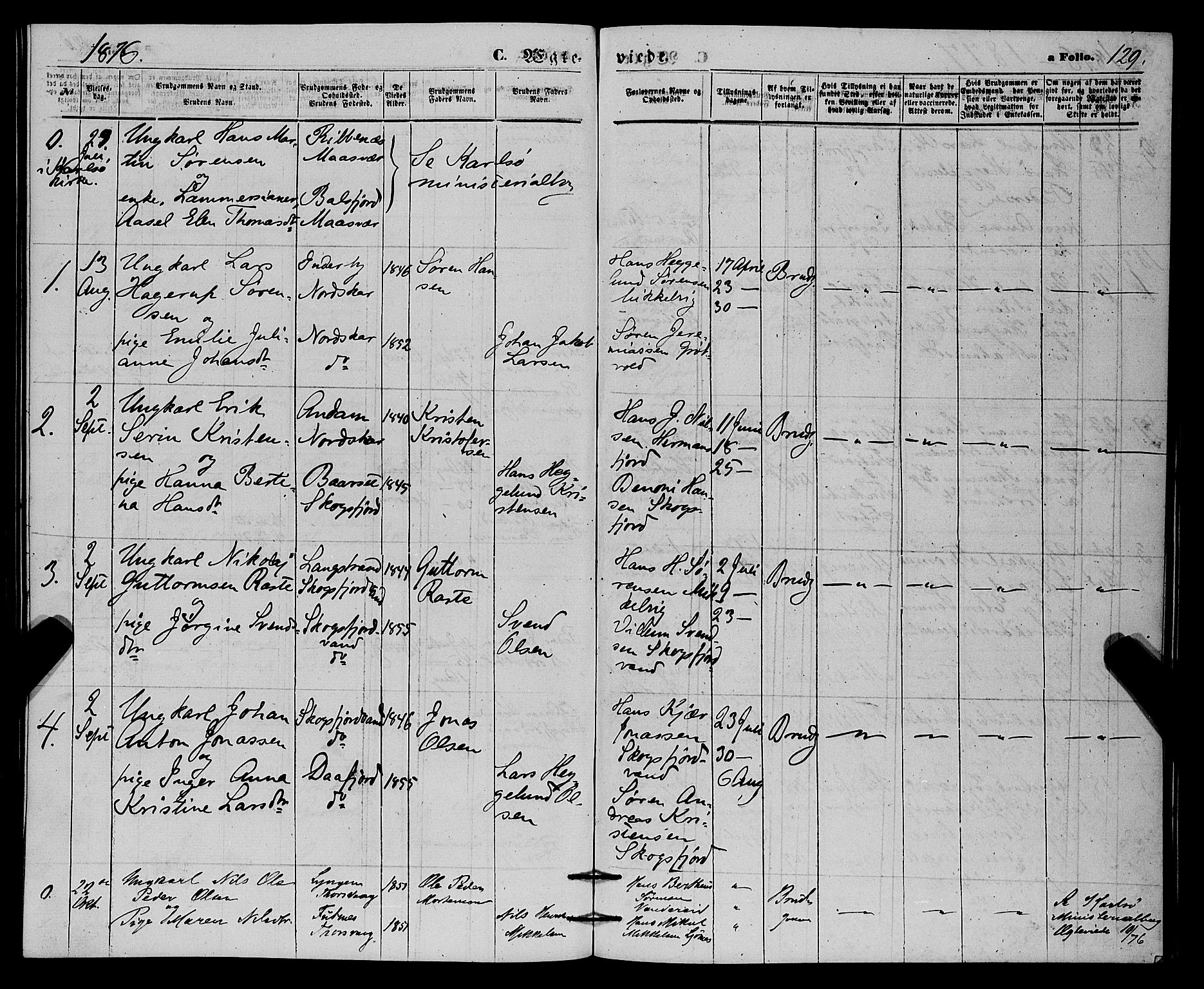 Karlsøy sokneprestembete, AV/SATØ-S-1299/H/Ha/Haa/L0010kirke: Parish register (official) no. 10, 1867-1878, p. 129