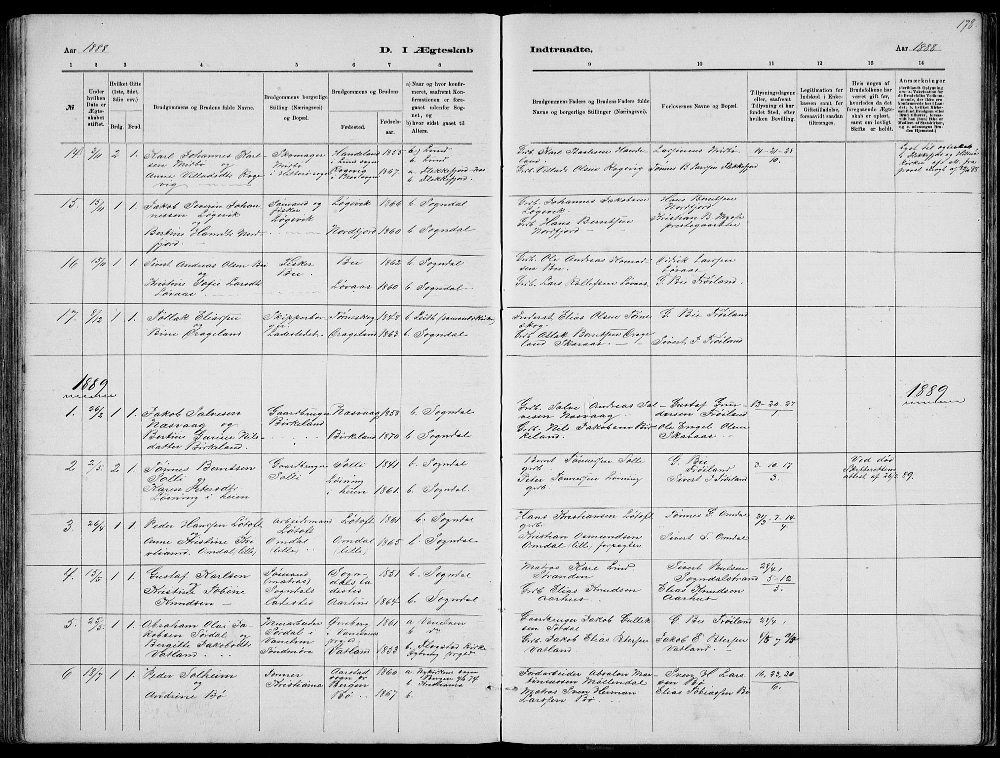 Sokndal sokneprestkontor, AV/SAST-A-101808: Parish register (copy) no. B 4, 1880-1891, p. 178