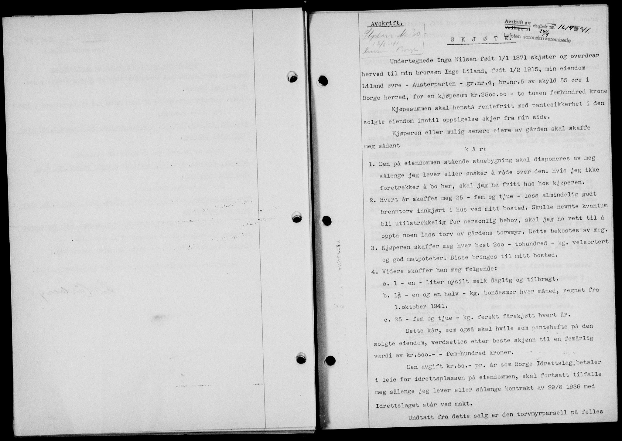 Lofoten sorenskriveri, SAT/A-0017/1/2/2C/L0008a: Mortgage book no. 8a, 1940-1941, Diary no: : 1614/1941