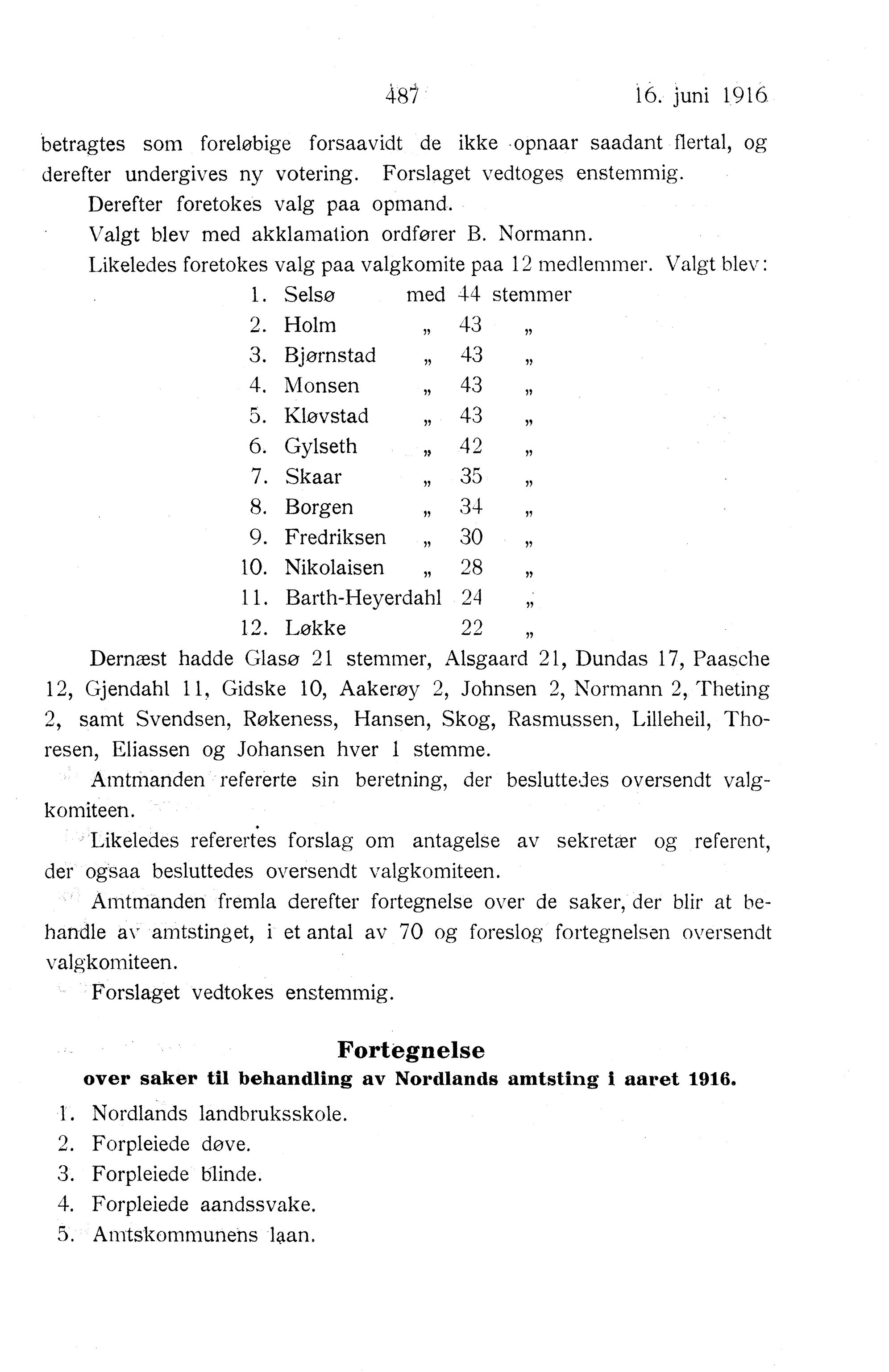 Nordland Fylkeskommune. Fylkestinget, AIN/NFK-17/176/A/Ac/L0039: Fylkestingsforhandlinger 1916, 1916, p. 487