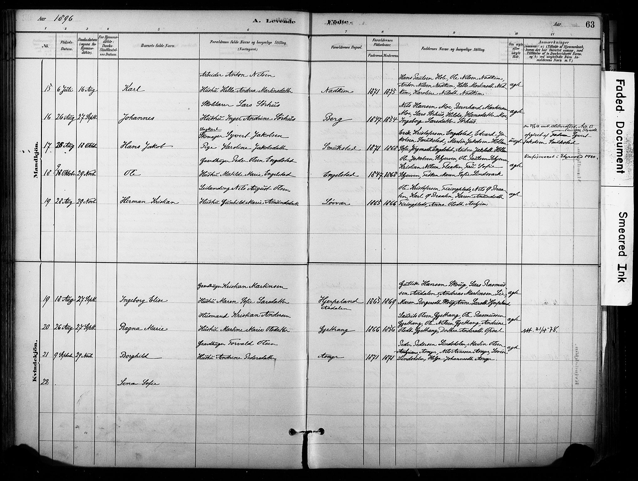 Lardal kirkebøker, AV/SAKO-A-350/F/Fb/L0001: Parish register (official) no. II 1, 1881-1911, p. 63