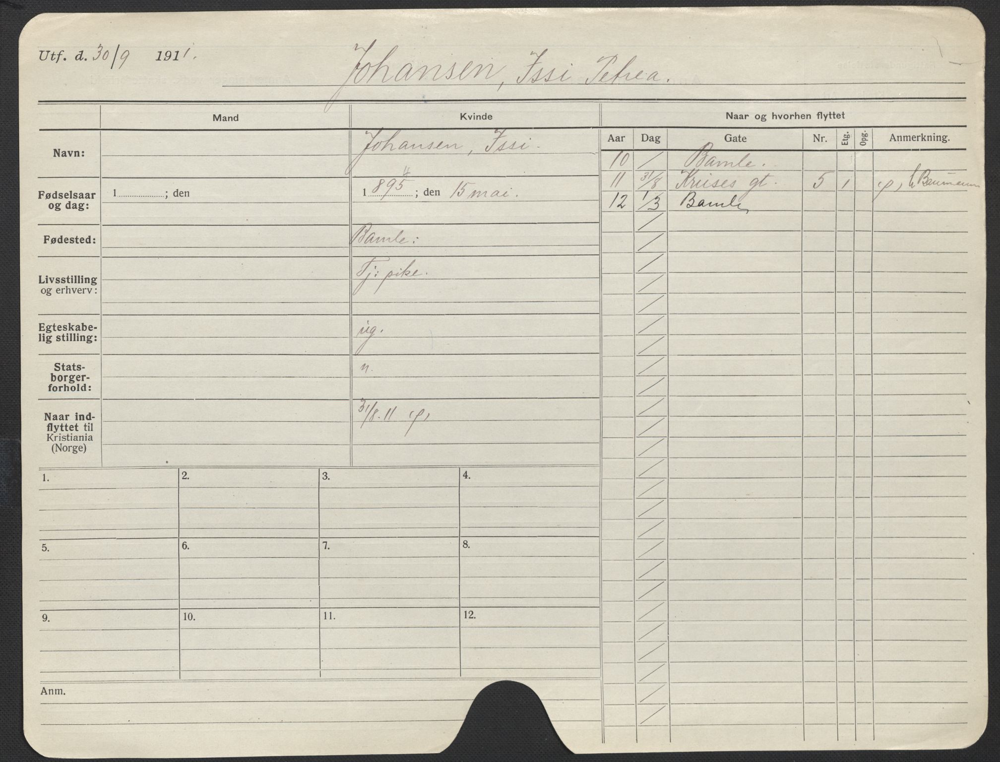 Oslo folkeregister, Registerkort, AV/SAO-A-11715/F/Fa/Fac/L0018: Kvinner, 1906-1914, p. 107a