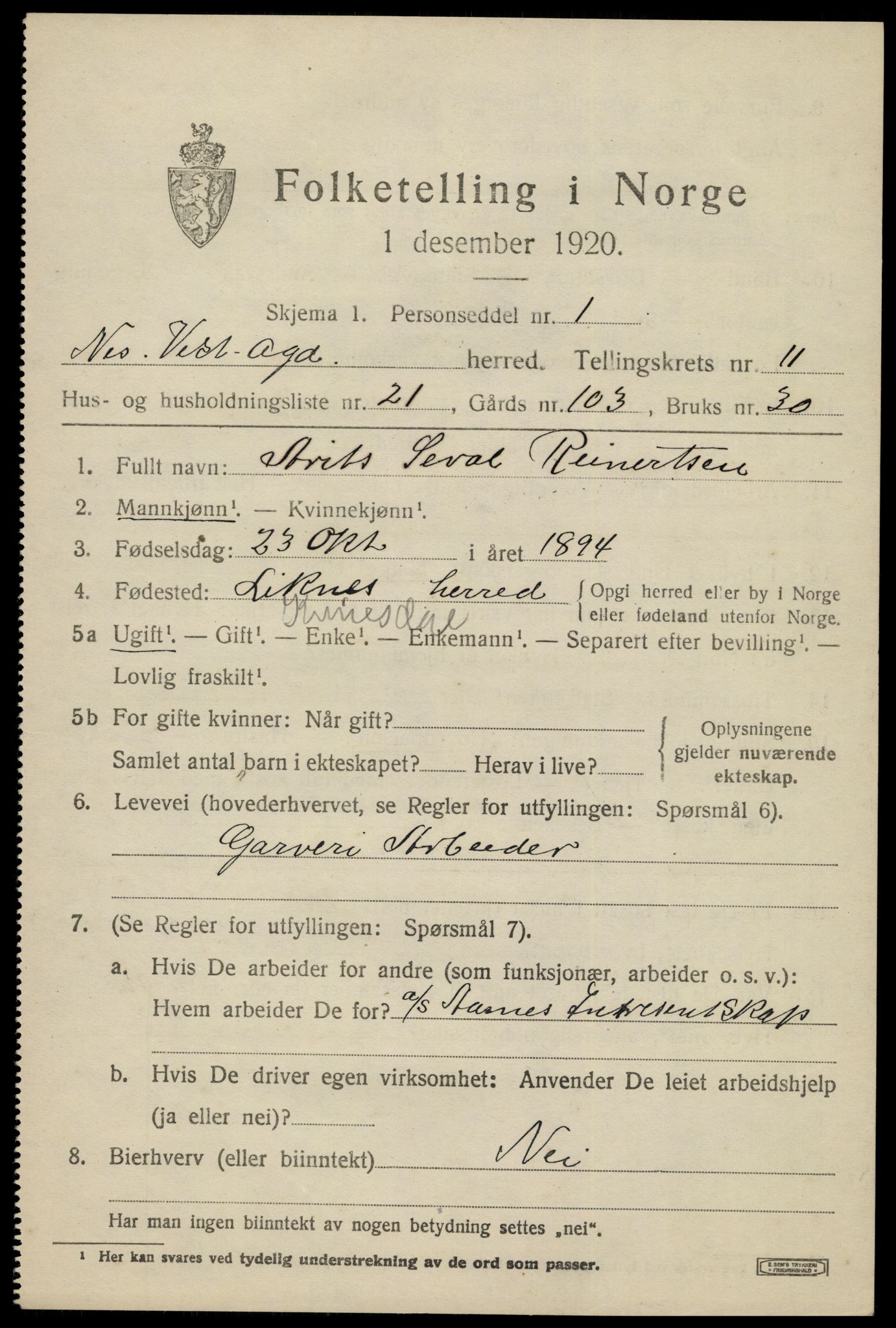 SAK, 1920 census for Nes (V-A), 1920, p. 4232