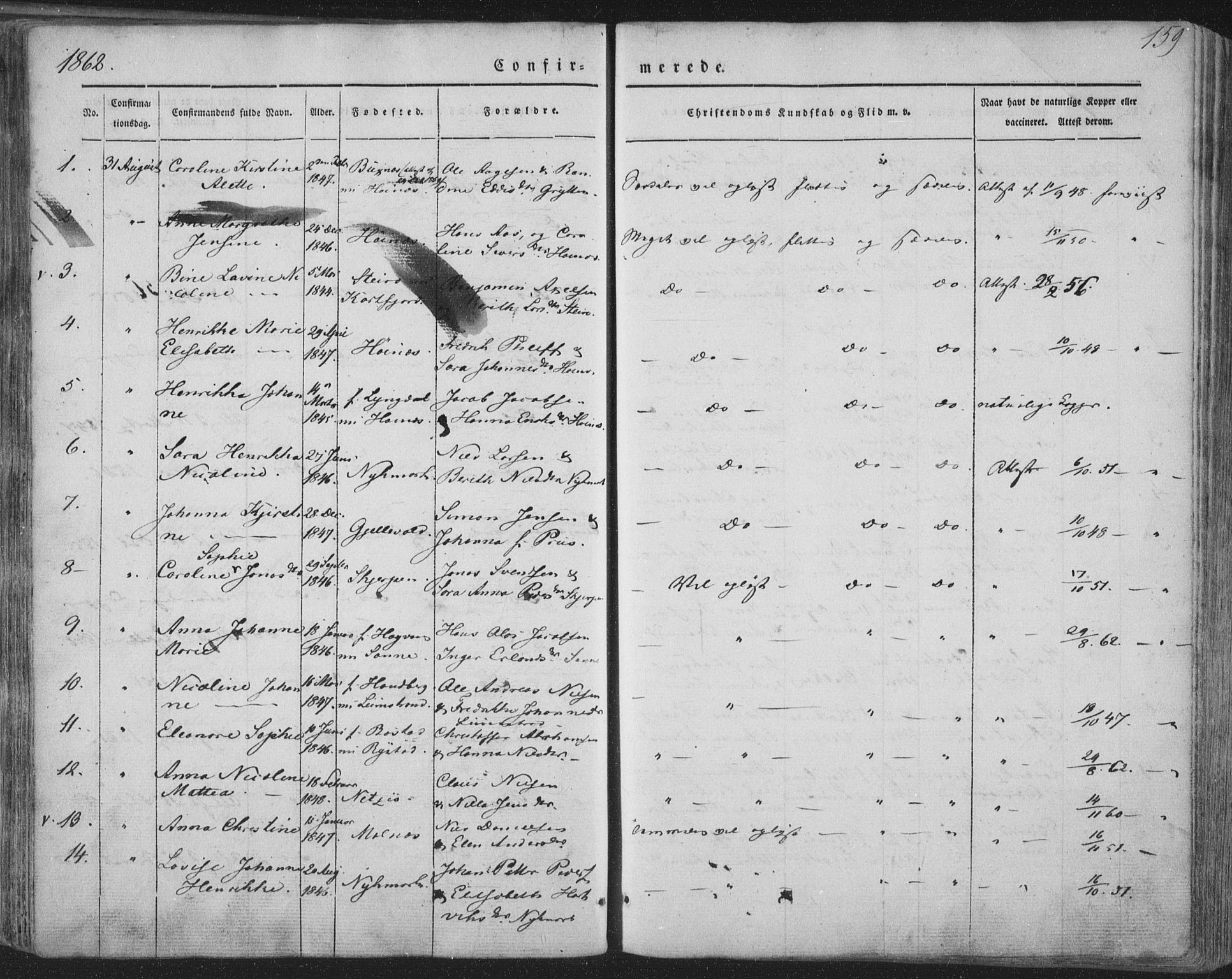 Ministerialprotokoller, klokkerbøker og fødselsregistre - Nordland, AV/SAT-A-1459/880/L1131: Parish register (official) no. 880A05, 1844-1868, p. 159