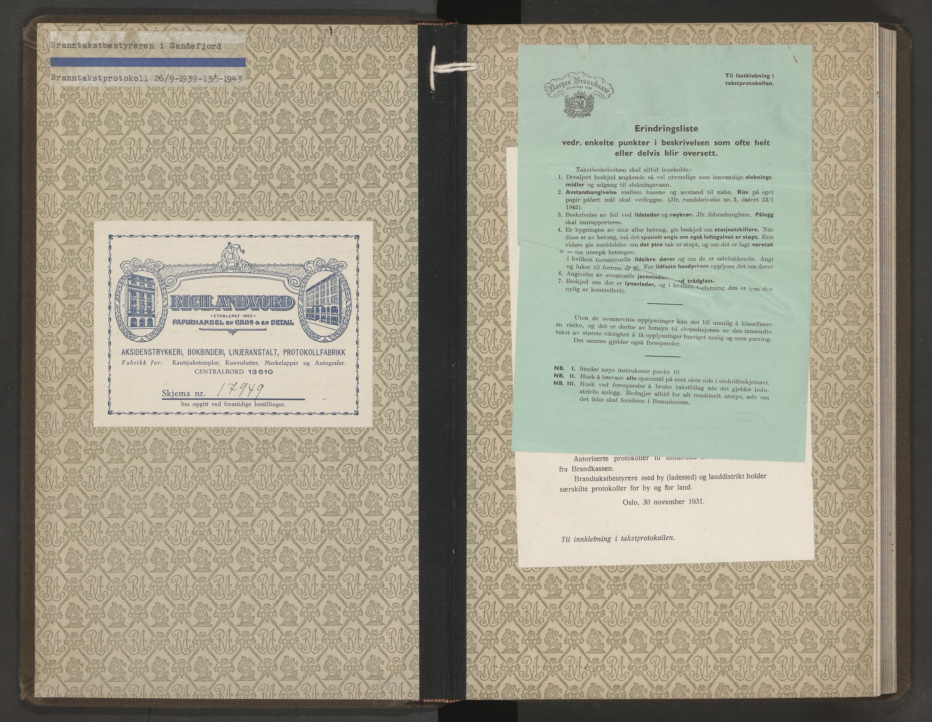 Sandefjord magistrat, AV/SAKO-A-852/F/Fa/L0009: Branntakstprotokoll, 1939-1943