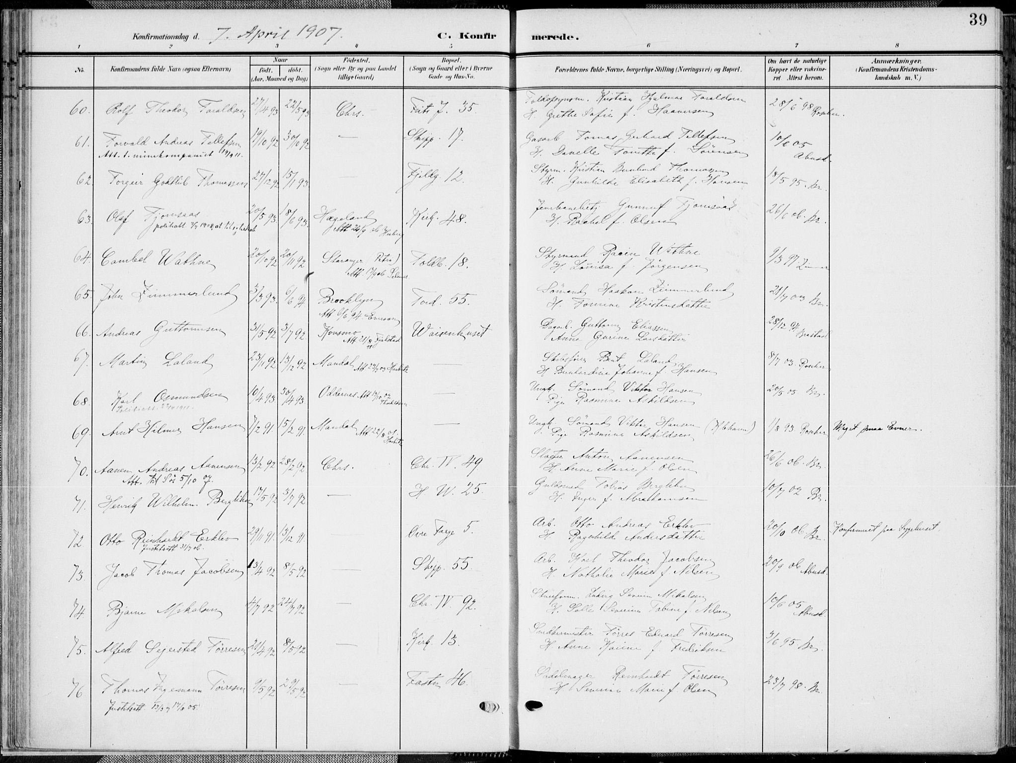 Kristiansand domprosti, SAK/1112-0006/F/Fa/L0022: Parish register (official) no. A 21, 1905-1916, p. 39