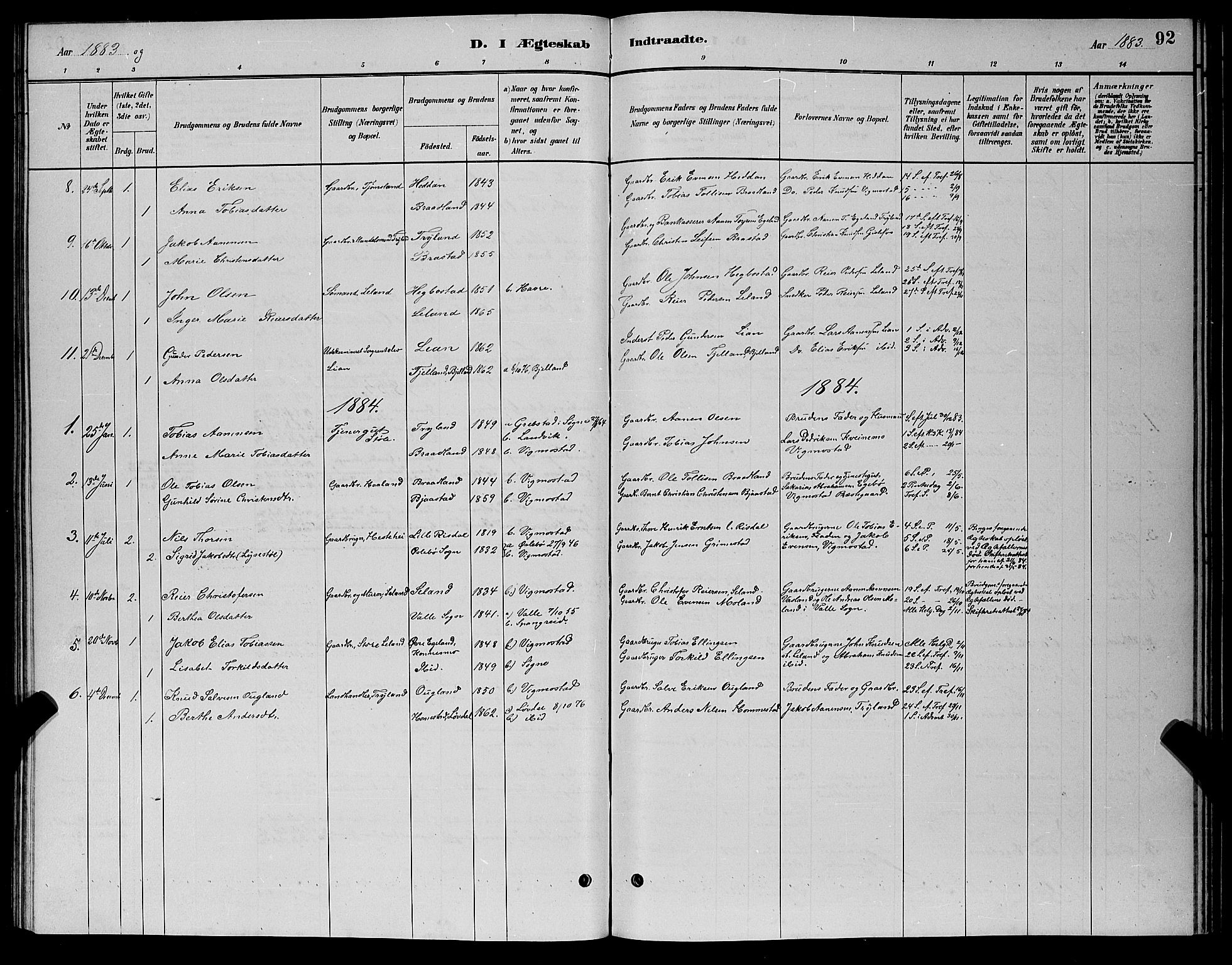 Nord-Audnedal sokneprestkontor, AV/SAK-1111-0032/F/Fb/Fbb/L0003: Parish register (copy) no. B 3, 1882-1900, p. 92