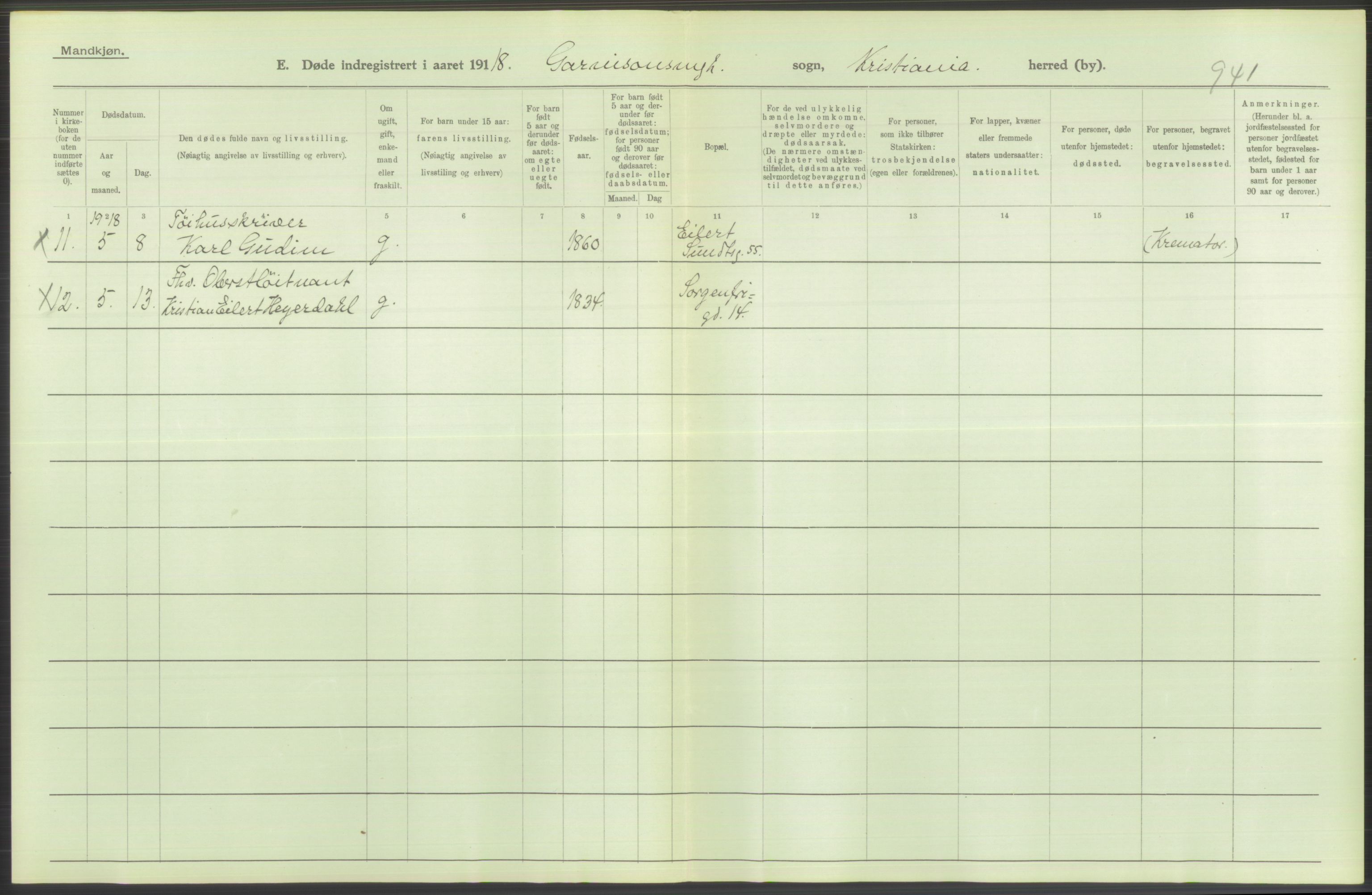 Statistisk sentralbyrå, Sosiodemografiske emner, Befolkning, AV/RA-S-2228/D/Df/Dfb/Dfbh/L0011: Kristiania: Døde, dødfødte, 1918, p. 230